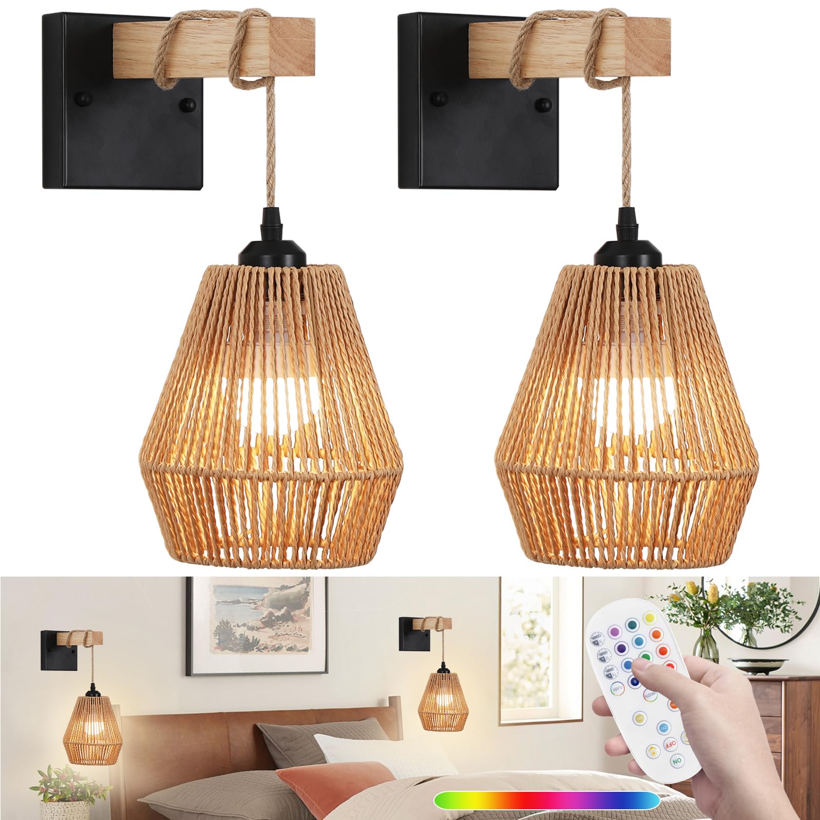 Battery Operated Wall Sconces Set of 2,Rattan wall sconce with Remote Control,Rechargeable Boho Wall Light Dimmable,Farmhouse Wi