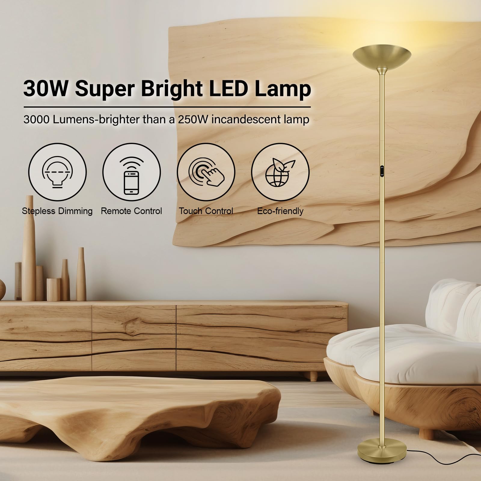 Boostarea Dimmable Floor Lamp 30W 3000Lm Super Bright Led Torchiere Standing Lamp With Remote & Touch Control 71 In Tall Pole Sky Modern Floor Lamps For Living Room Bedroom Office 2700K-6500K Gold