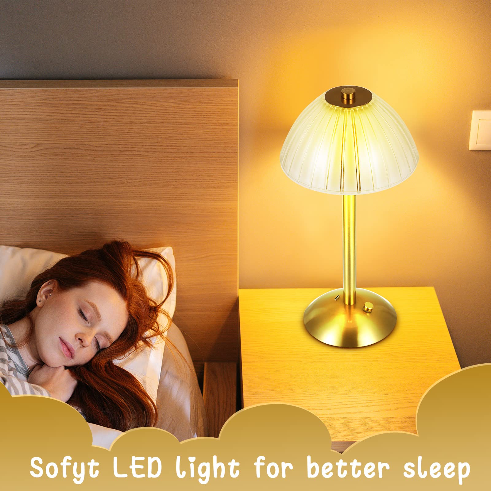 Liliful Cordless Table Lamp - Rechargeable Touch LED, Gold, USB-C, 3 Color Dimmable, Portable Design for Bedroom & Living Room, Model IAN-Liliful-5229