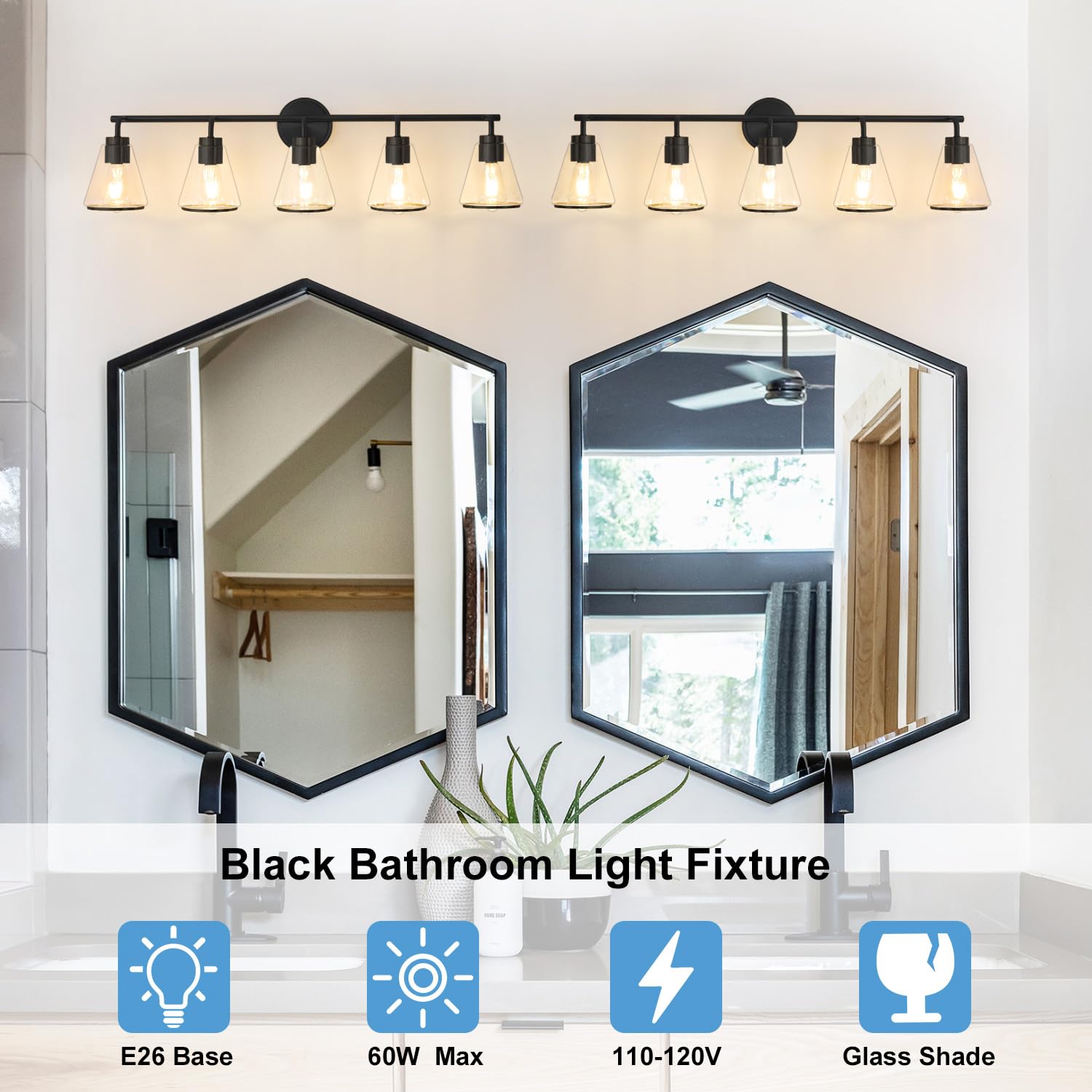 Nadosa Bathroom Vanity Light 5 Light, Modern Vanity Lighting Fixture For Bathroom, 38.5" Vanity Lights With Clear Glass Shade, Black Bathroom Wall Light Over Mirror, Wall Sconces For Bath