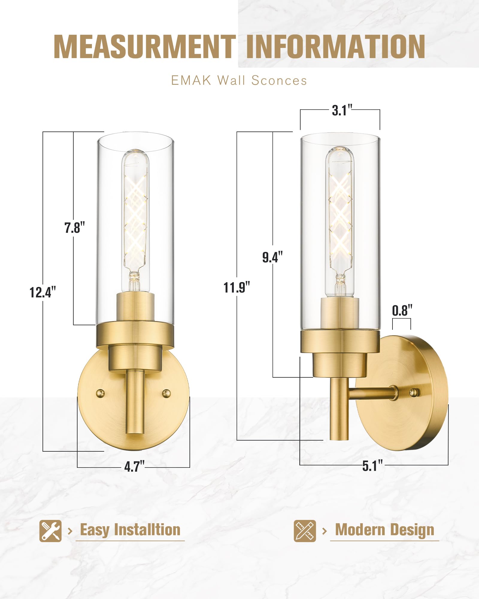 Emak Brushed Gold Sconce, Bathroom Vanity Light With Clear Glass Shade, Modern Wall Light Fixtures For Bathroom, Mirror, Hallway