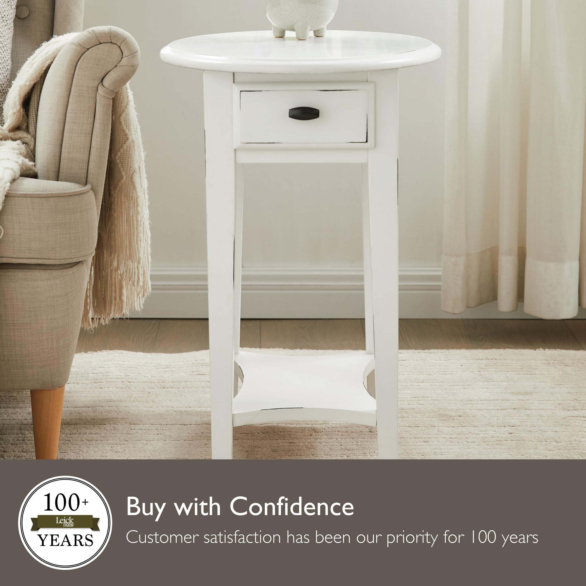 Leick Home Haven Ridge Oval End Table, One Drawer Side Table, Farmhouse White, 214387