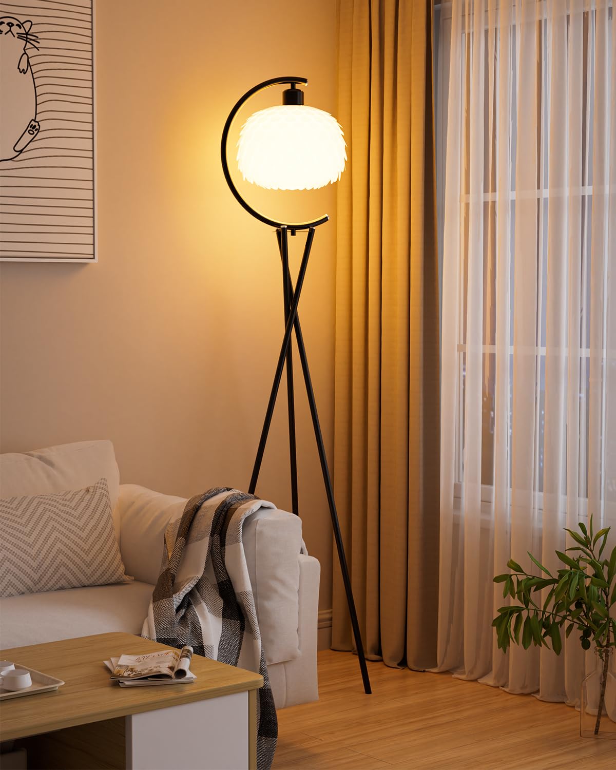 Lightdot Modern Floor Lamp with Arc Imitation Feather Lampshade Black Tripod Floor Lamp with E26 3000K Bulb Stable Base Vintage 