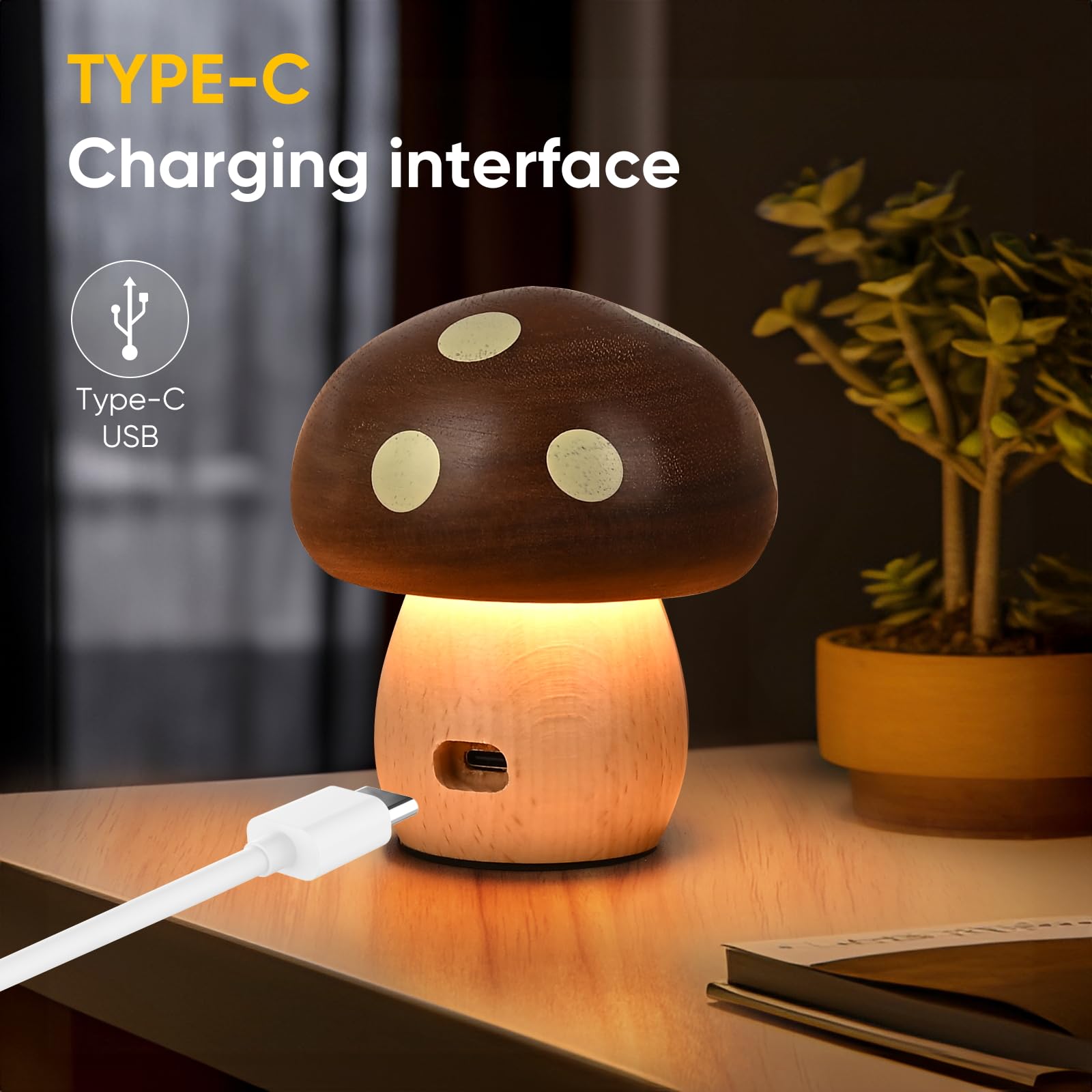 Moroommt Wood Mushroom Lamp  Rechargeable Small Bedside Lamp  Touch Mushroom Night Light Small Lamp For Nightstand  Portable Battery Operated Lights For Bedroom Kids Birthday Gifts