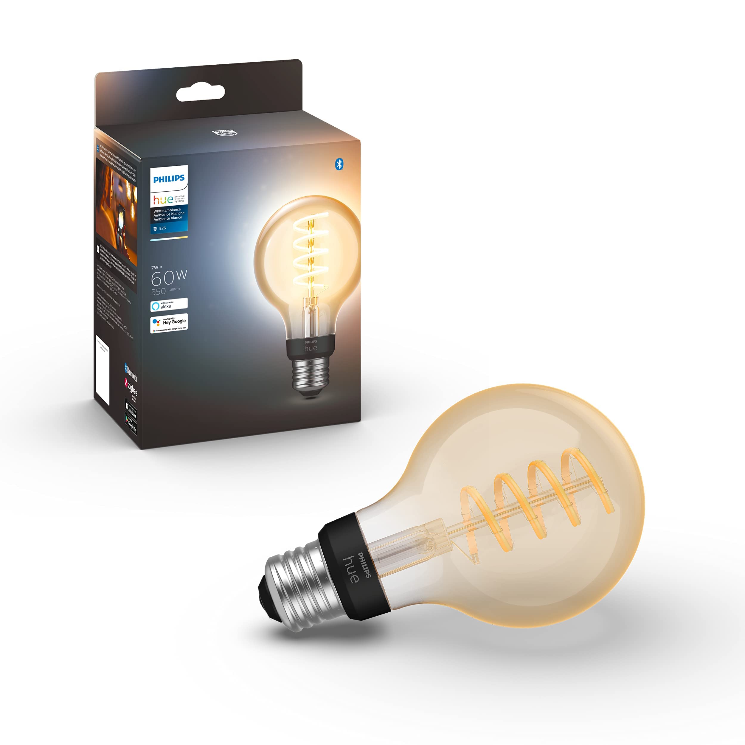 Philips Hue Smart 60W G25 Filament Led Bulb - White Ambiance Warm-To-Cool White Light - 1 Pack - 550Lm - E26 - Indoor - Control