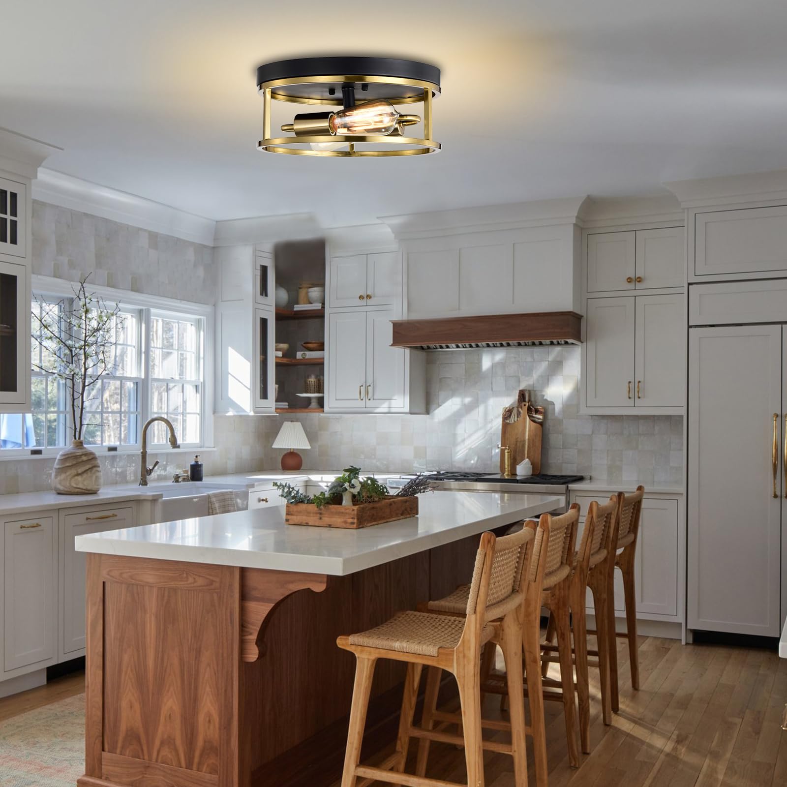 Treekee Ceiling Light Fixture, 12in Flush Mount, Metal, Gold & Black Finish, Vintage Retro Style, Model RR004-BG