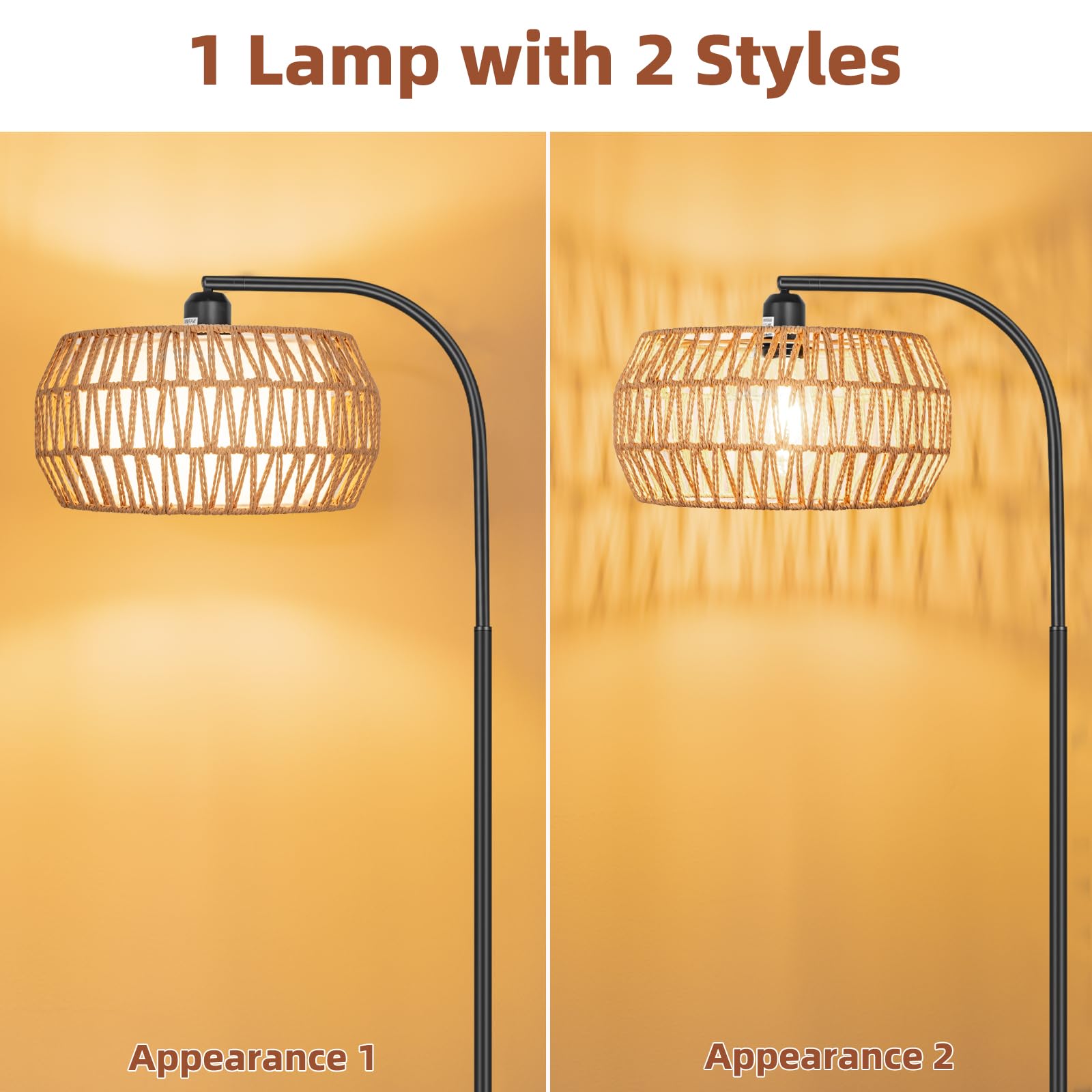 Floor Lamp With Remote, Rattan Standing Lamp With Rattan & Linen Shades, Boho Farmhouse Standing Lamps With Stepless Dimmable Bulb, Black Metal Base Rattan Lamp For Living Room, Bedroom, Office