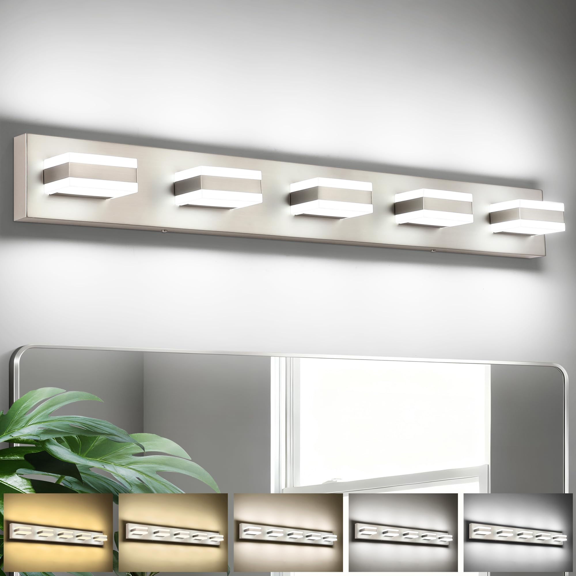 SOLFART Bathroom Brushed Nickel Bathroom Light Fixture  Vanity Lights Over Mirror  5 Light Led Lights for Bathrooms 5 Color Temperature Adjustable Vanity Lights for Bath Nickel
