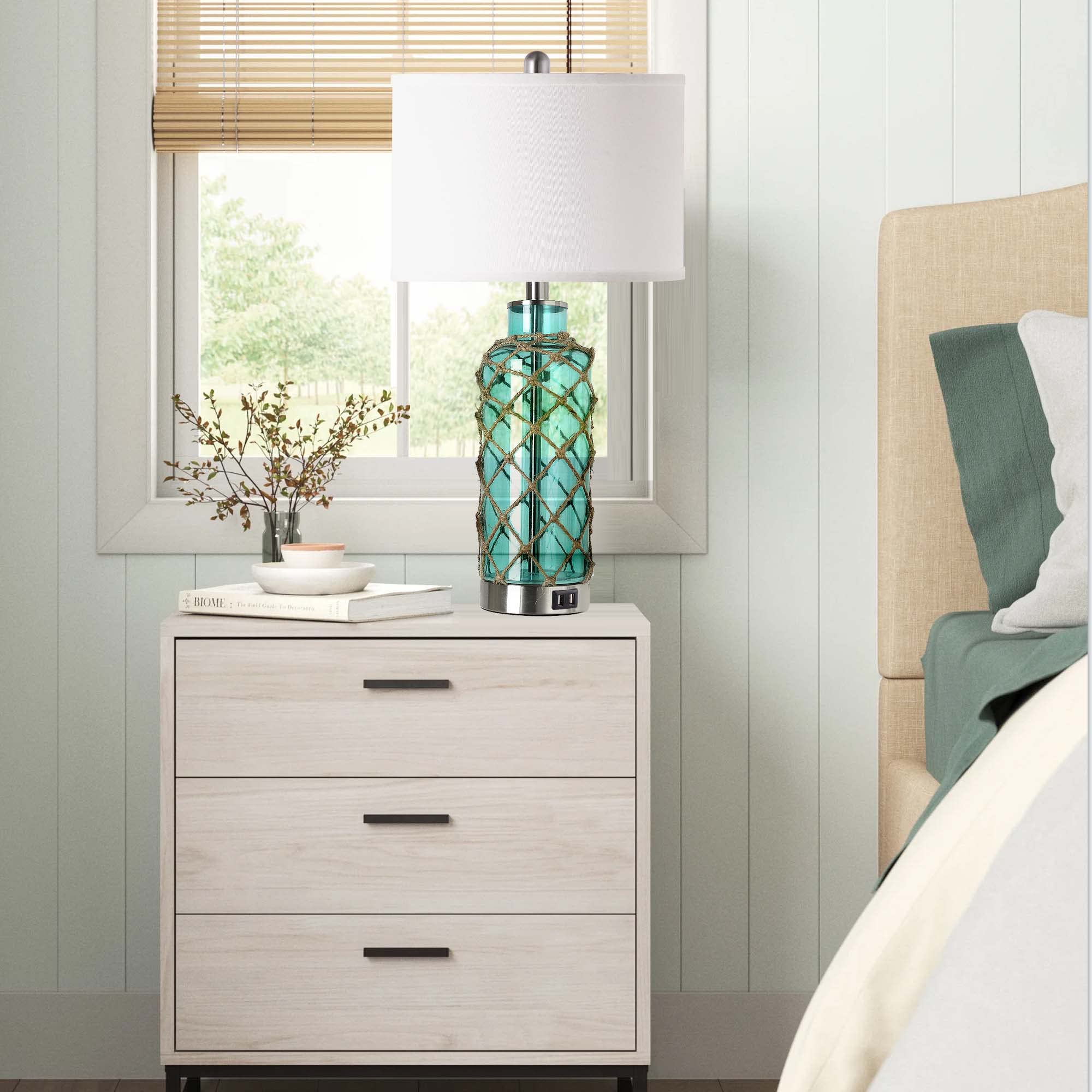 PARTPHONER Cottage Nautical Accent Table Lamp Set of 2, Touch Control, 3-Way Dimmable, Blue Green Glass, USB Ports, Model LED0977