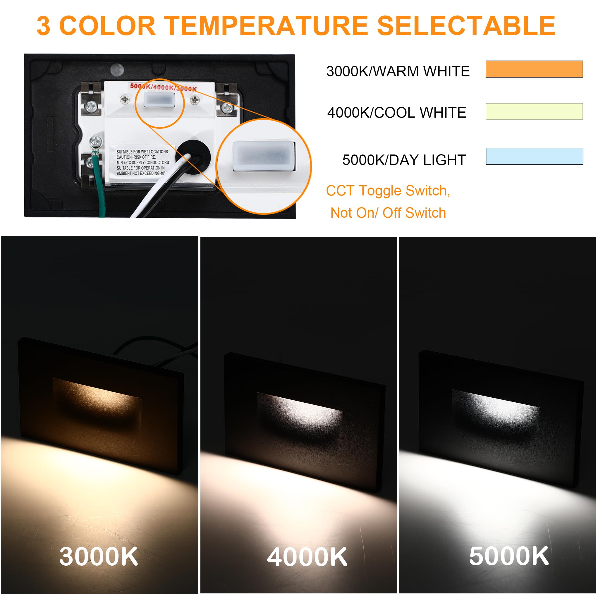 CLOUDY BAY 12V Low Voltage LED Step Light - 3 Color (3000K/4000K/5000K), Black, Aluminum, Model CBST003BK3C12