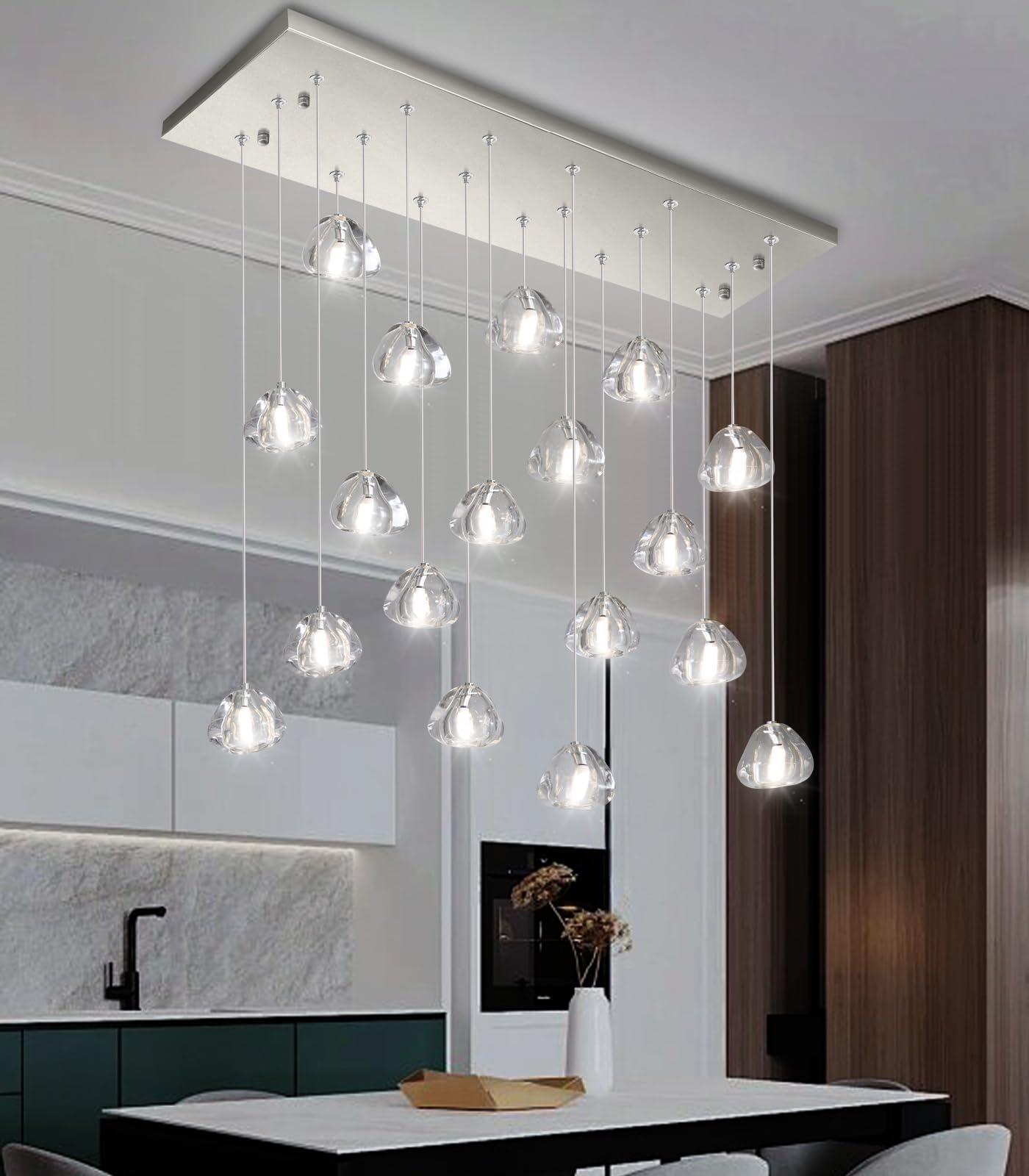 HAIXIANG Rectangular Chandelier, 18 Lights, Dimmable Bubble Crystal, Brushed Nickel, Model MMQ9025, High Ceiling Pendant Light