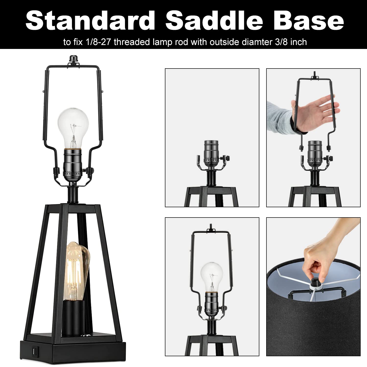 Qc Lamp Shade Harp Kit - Adjustable 7-10 Inch, Black, Includes Frame & Finials, E14 E26 E27 UNO Fitter Adapter