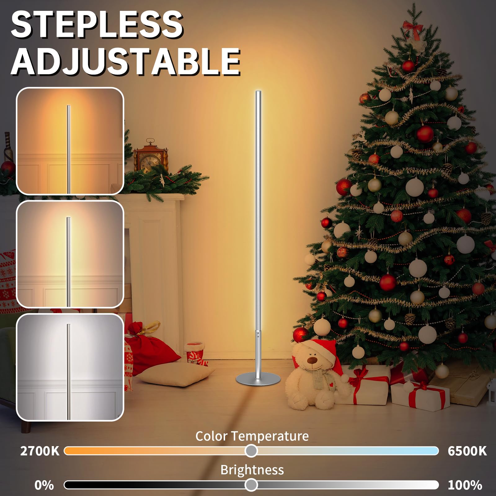 Marlrin Minimalist Corner Floor Lamp 2-Pack, 57" Dimmable LED Light, Remote Control, Silver, Model RTL113