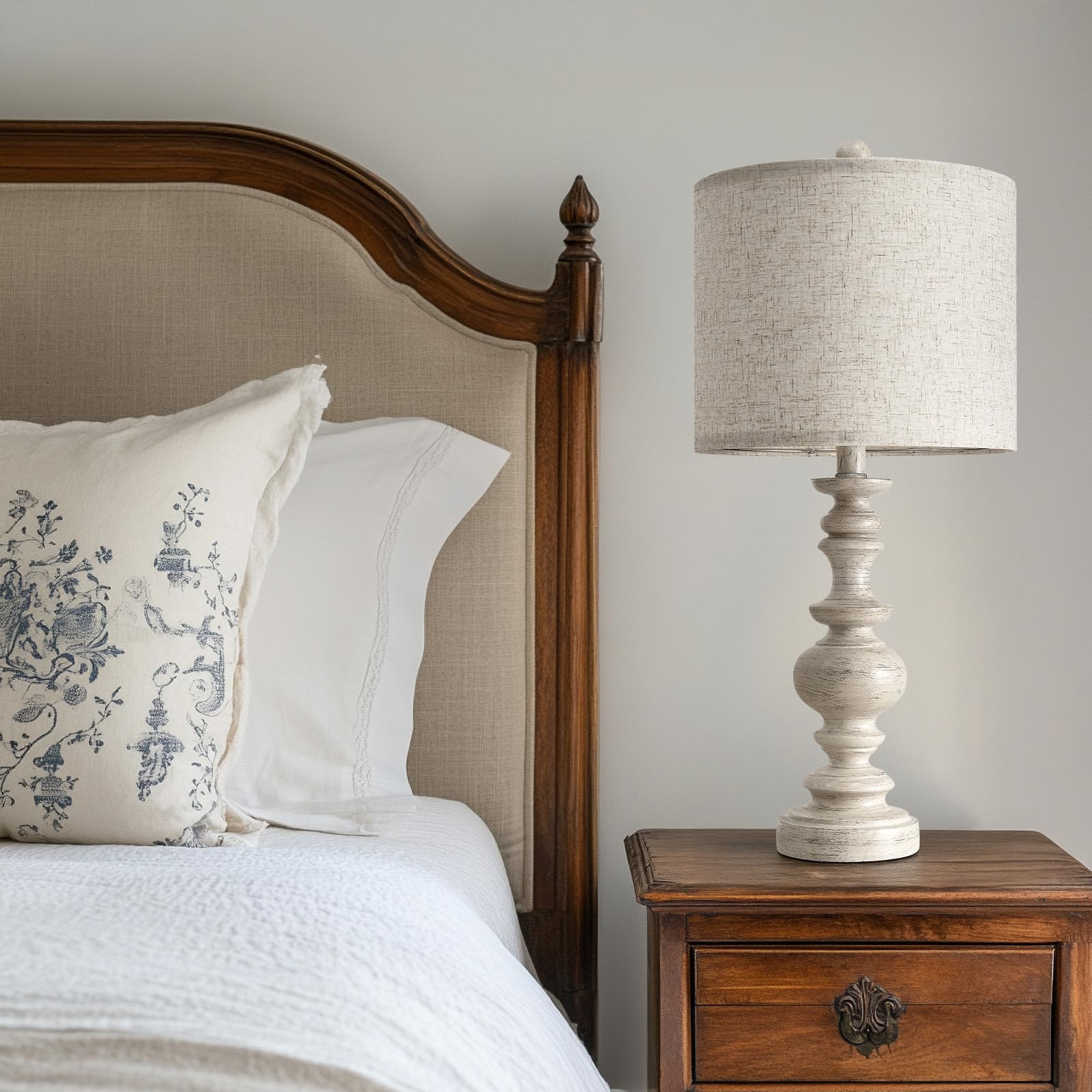 Bobomomo 24Farmhouse Resin Table Lamp Set Of 2, Vintage Lamps For Living Room Bedroom With Linen Shades, Traditional Rustic Beds