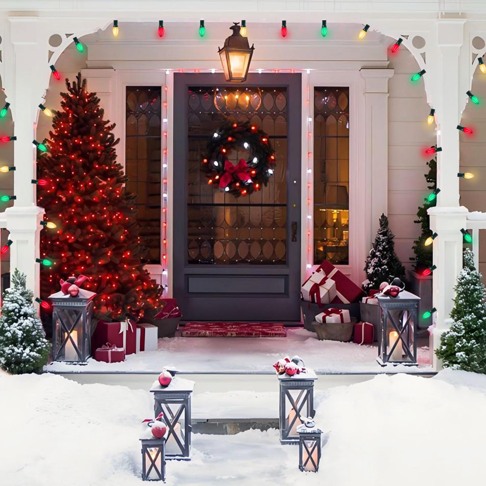C7 Led Christmas Lights Outdoor, 25Ft Clear Red Green And Frosted White Christmas String Lights With 27 Led Energy-Efficient Bul