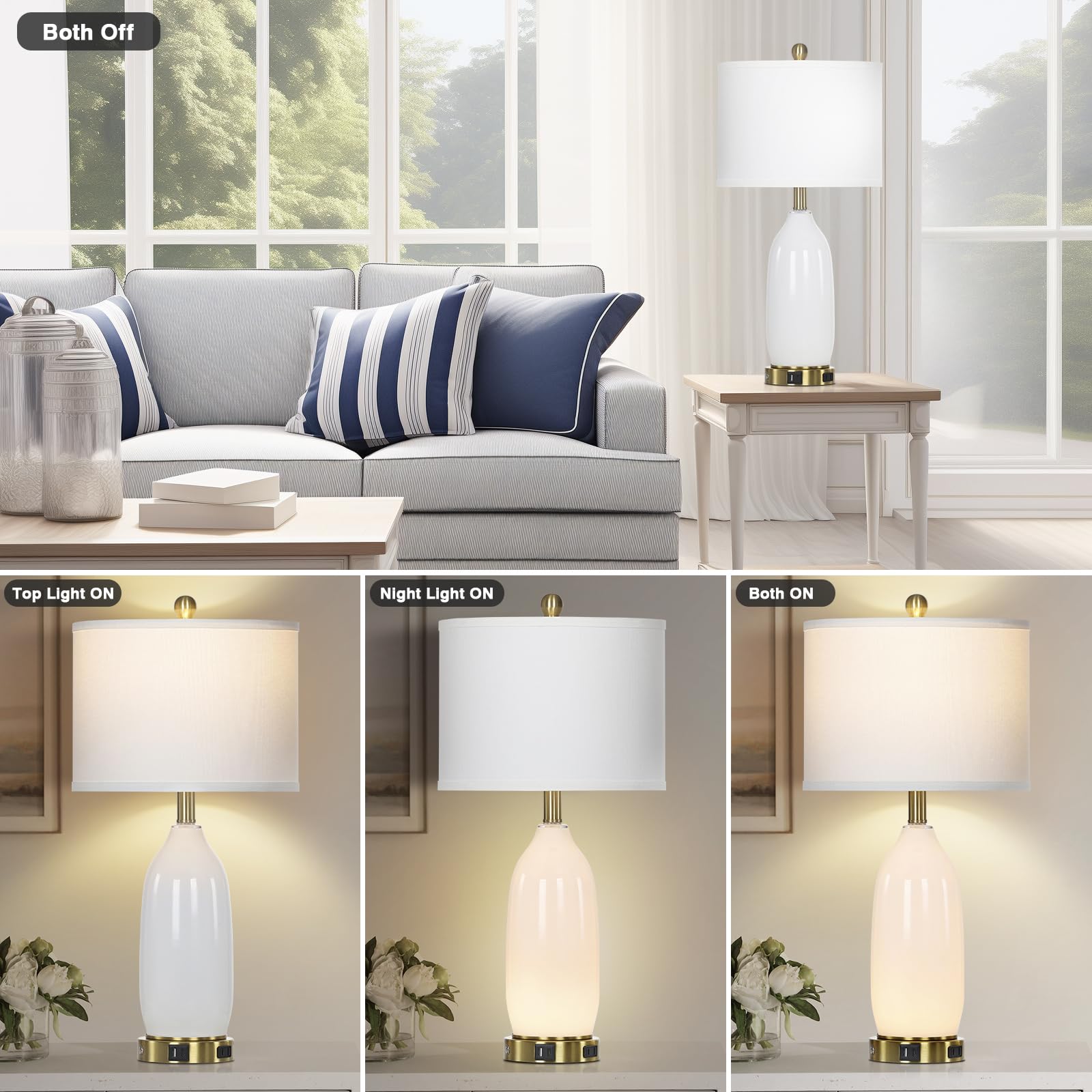 Rinweey 26'' Modern White Glass Table Lamps Set Of 2,Nightstand Lamp With Usb A+C Ports & Ac Outlet,Bedside Lamps With 3-Way Dim