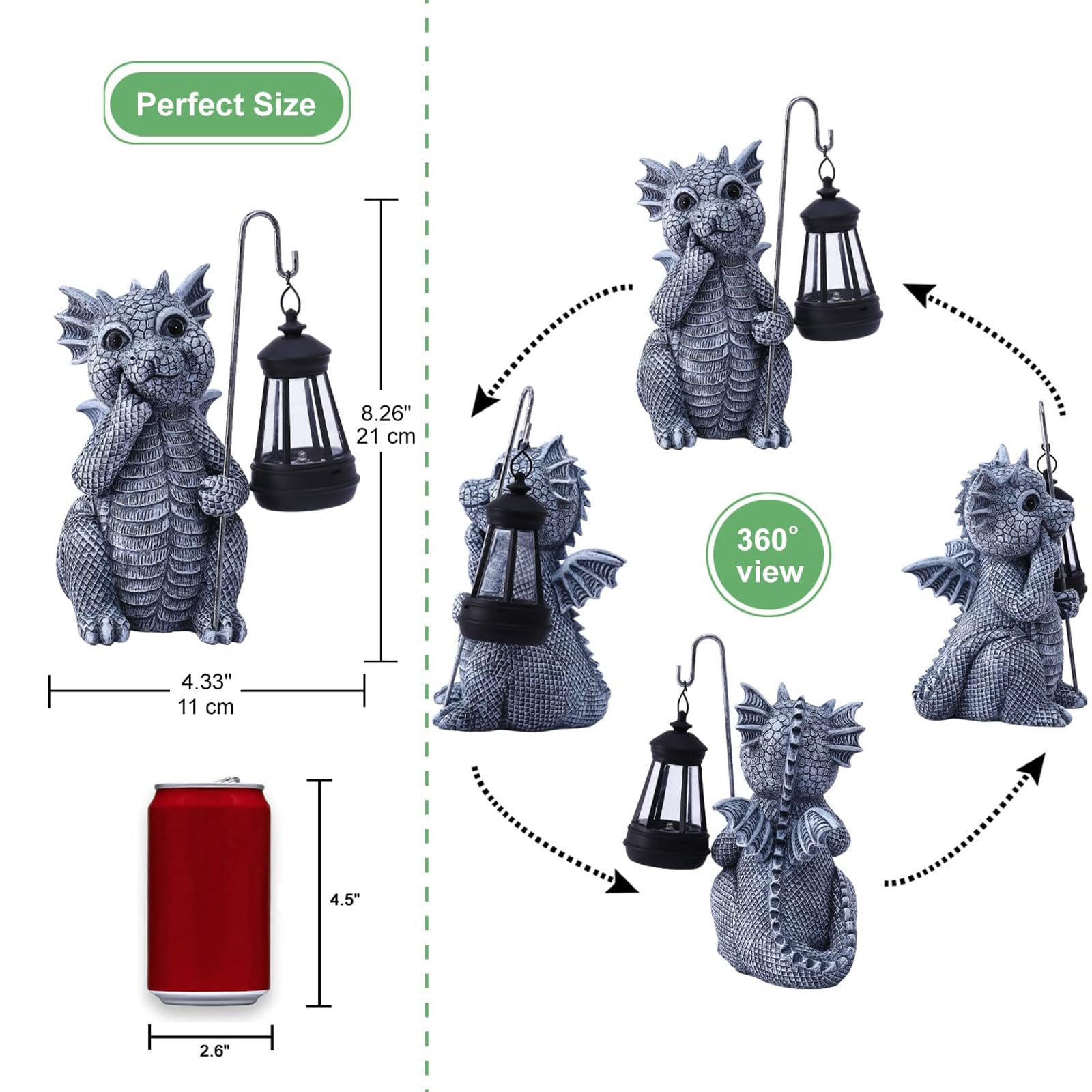 Qeeman Garden Decor Statue - Dragon with Solar Lantern, Gray Dragon - Outdoor Yard Art for Mom, Grandma, Wife, Sister, Lover