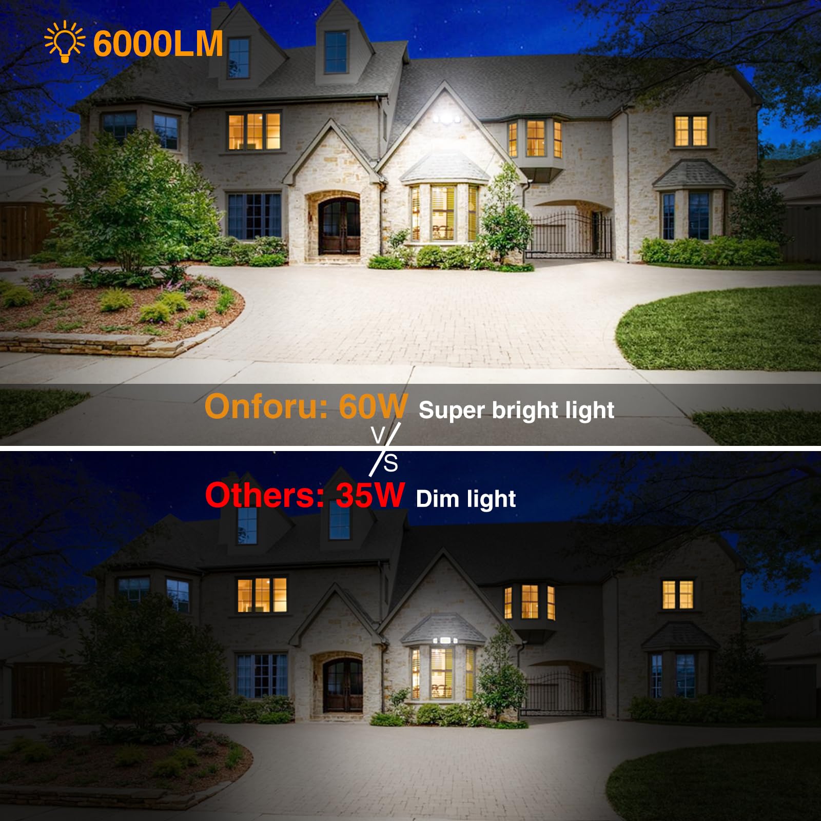 Onforu 60W Outdoor Flood Lights, 6000LM Bright, 3 Adjustable Heads, IP65 Waterproof, Black, Model BDB60-3