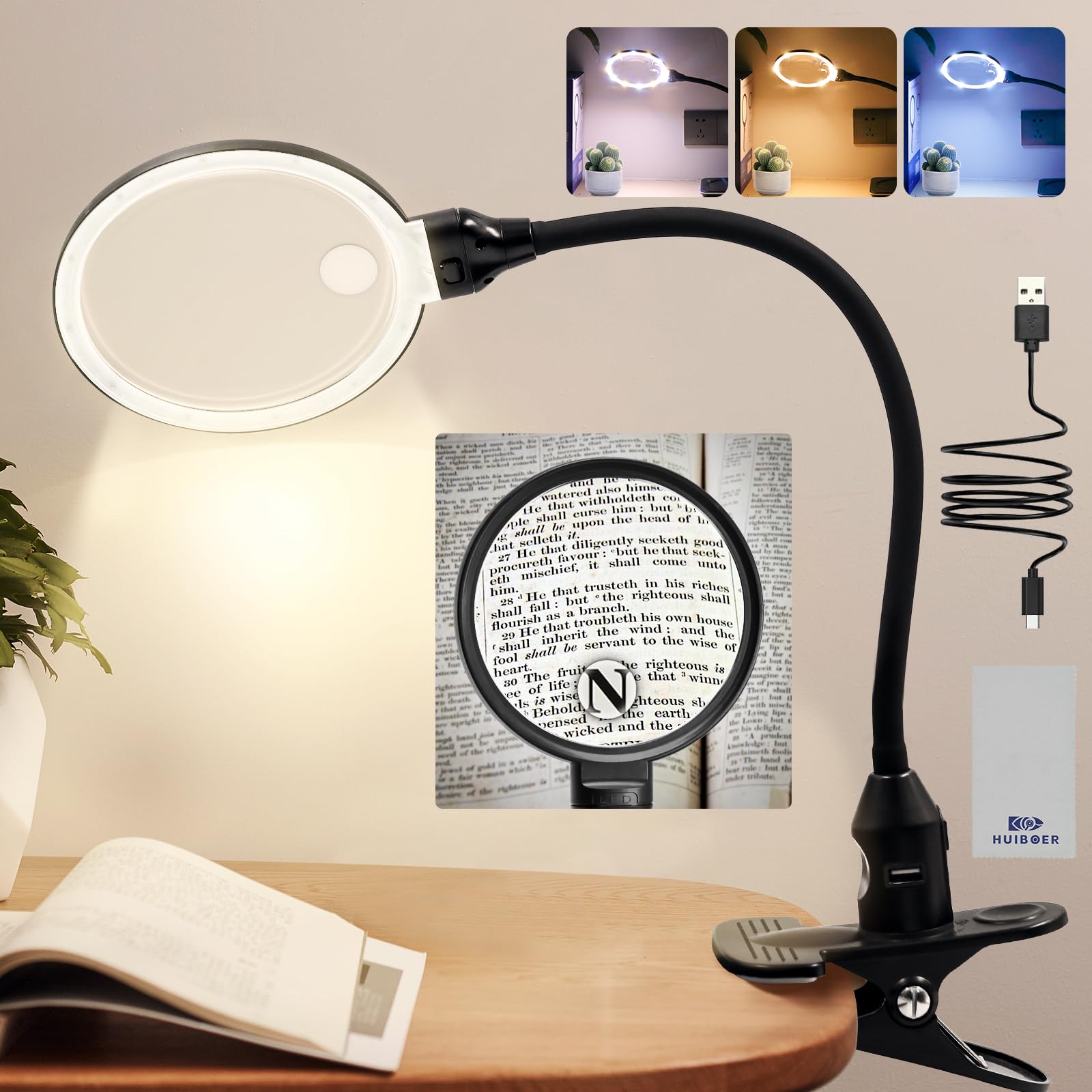 15X Magnifying Glass With Light And Clamp, 4.9 Inch 3 Color Modes Dimmable Magnifier Lamp With Clip, Flexible Gooseneck Magnifyi