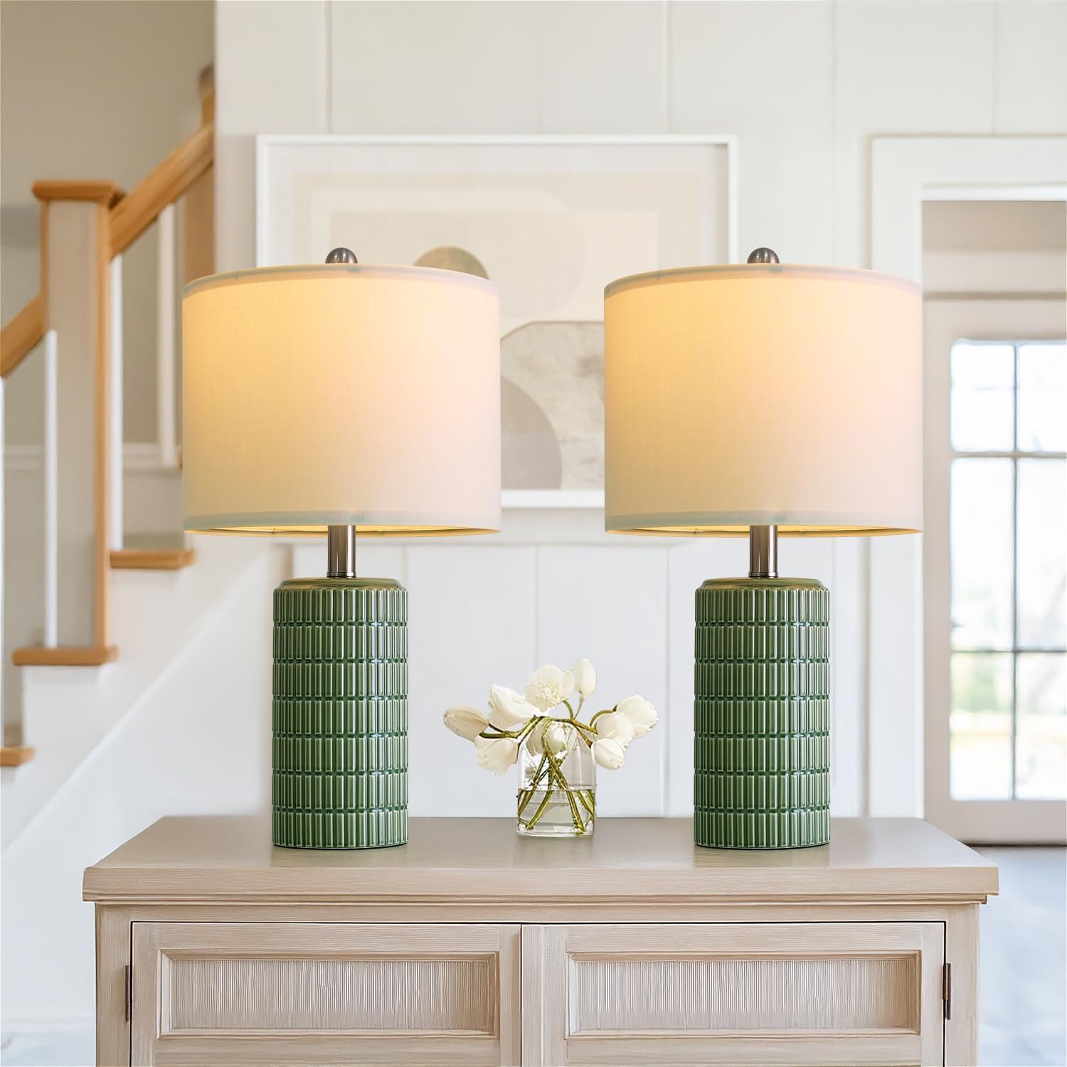 PoKat 20.75 Small Modern Ceramic Table Lamps Set of 2 for Bedroom  Green Bedside Lamps for Night Stands  Farmhouse House Decor Nightstand Table Lamps for Living Room End Table Green