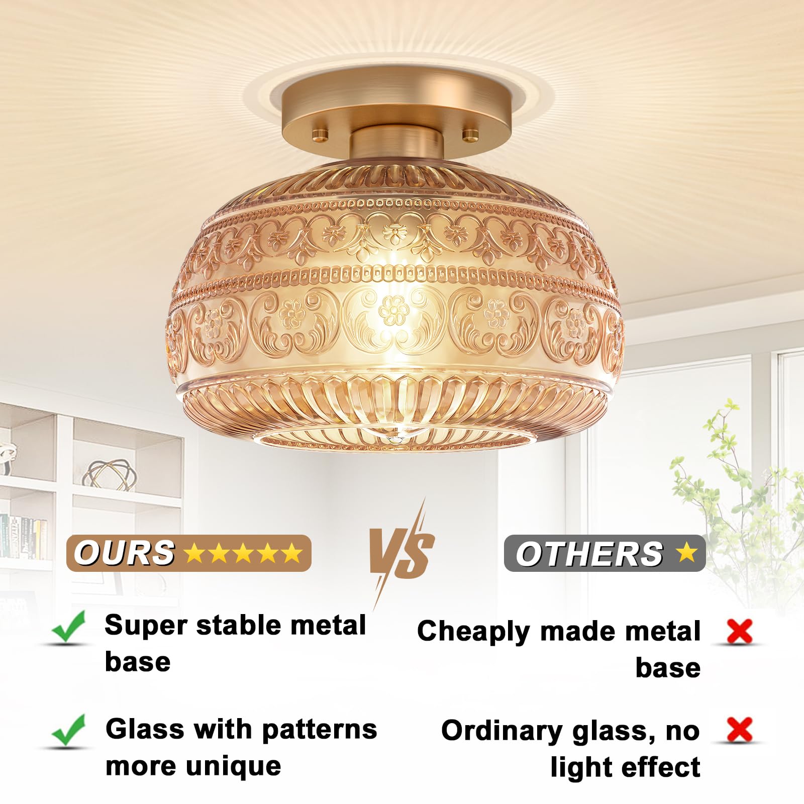 Oykyohei Amber Glass Semi Flush Mount Ceiling Light Fixture For Kitchen, Hallway, Bedroom