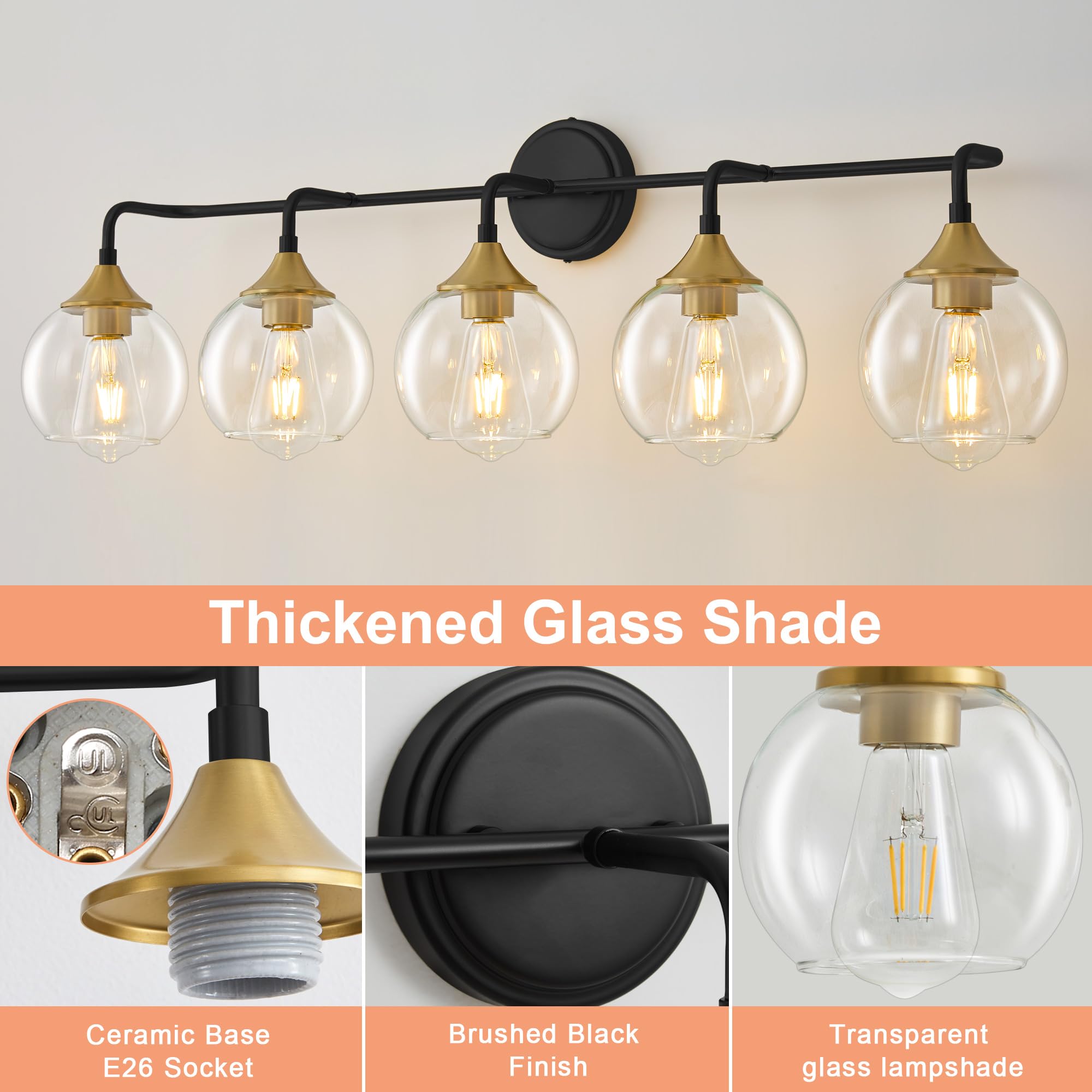 Gednbo Bathroom Vanity Light, 5-Lights, Metal, Black and Gold, Model G1796, Clear Glass Shade, E26 Base, 39 Inch Lighting Fixture