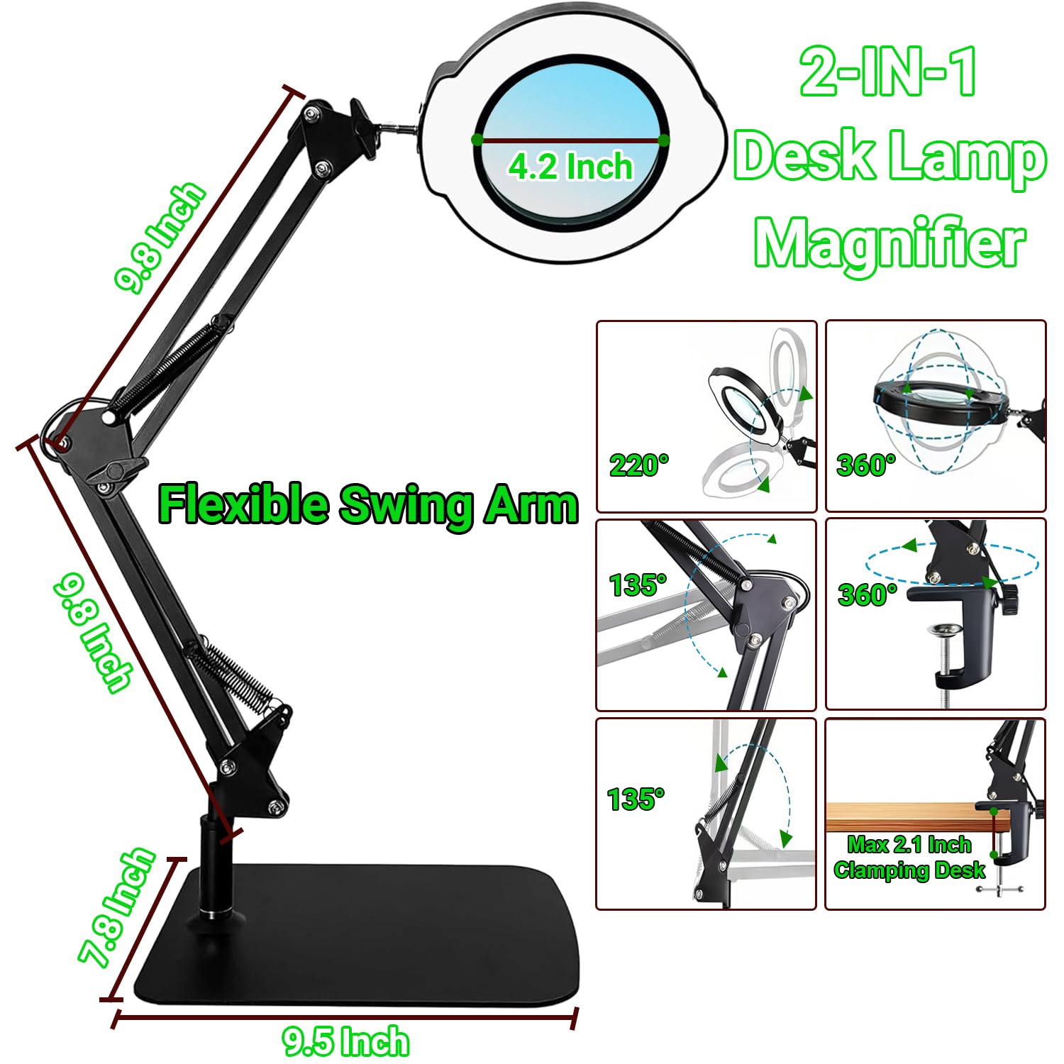 Amzchen 15X Magnifying Glass with Light, 5 Color Modes, Adjustable Brightness, Hands-Free LED Desk Lamp, Black