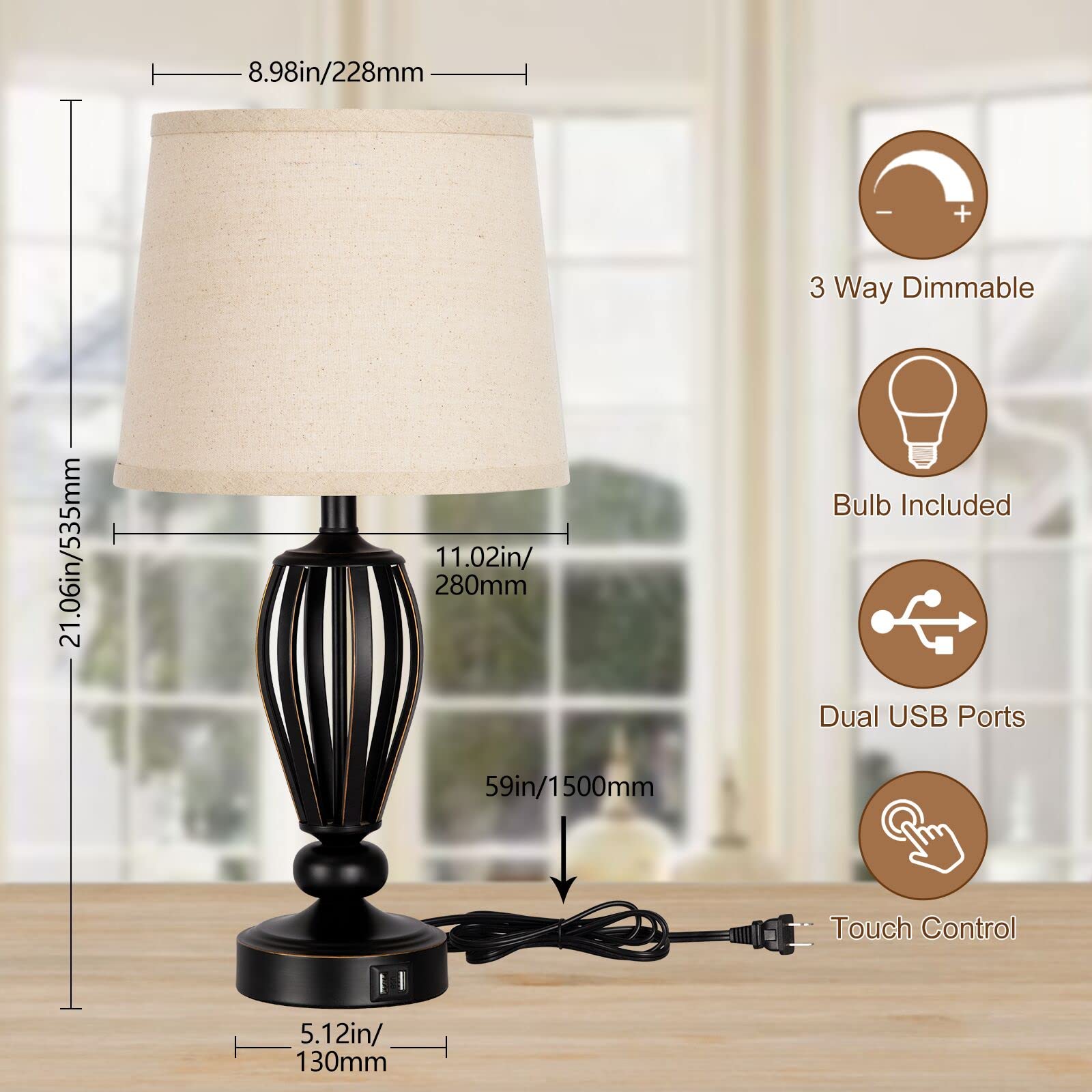 Seaside Village USB Bedside Lamp, 3-Way Dimmable, Black Metal Base, Beige Shade, Model S-FS-USB, Ideal for Bedroom, Living Room, Office