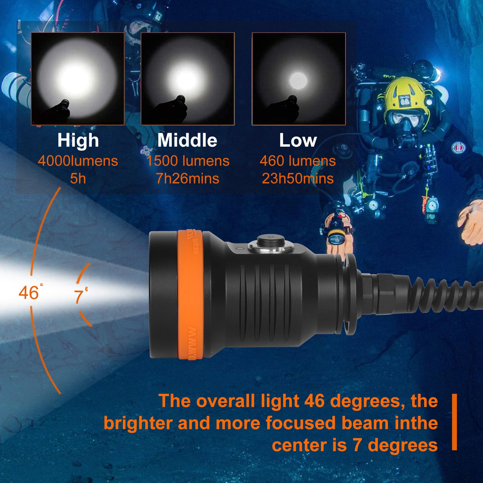 Orcatorch D630 V2.0 4000 Lumen 5 Imported Led Primary Canister Dive Light Straight/Side Mounted With Goodman Handle, For Professional Cave Wreck Night Diving