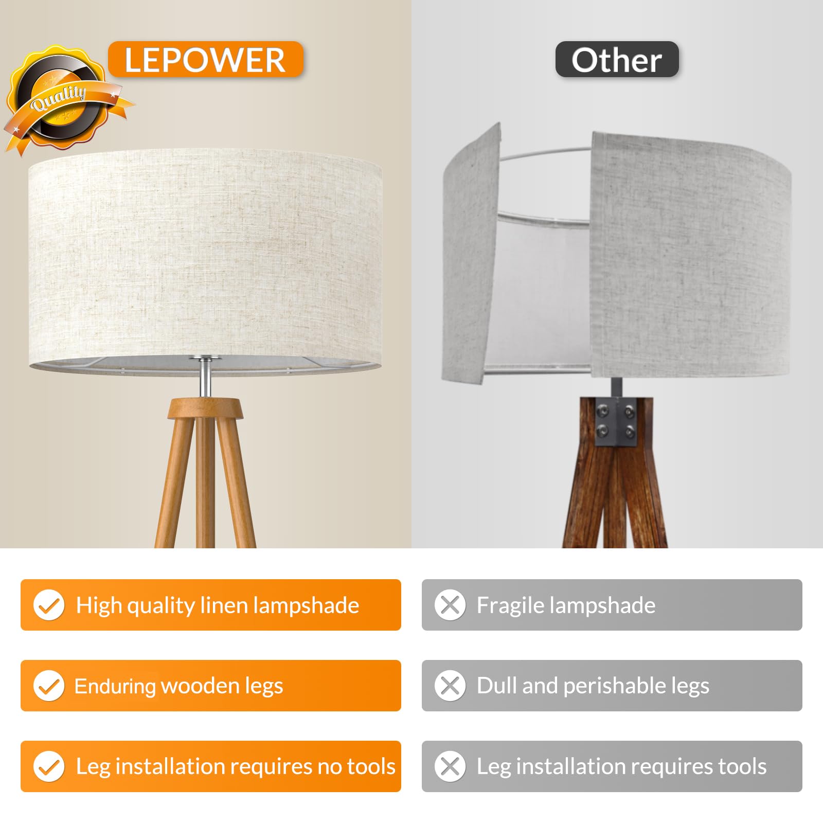 LEPOWER Wood Tripod Floor Lamp, 60.39in Tall, Brown Flaxen Shade, Modern Design for Living Room, Bedroom, Study Room, Office - Model UF1176