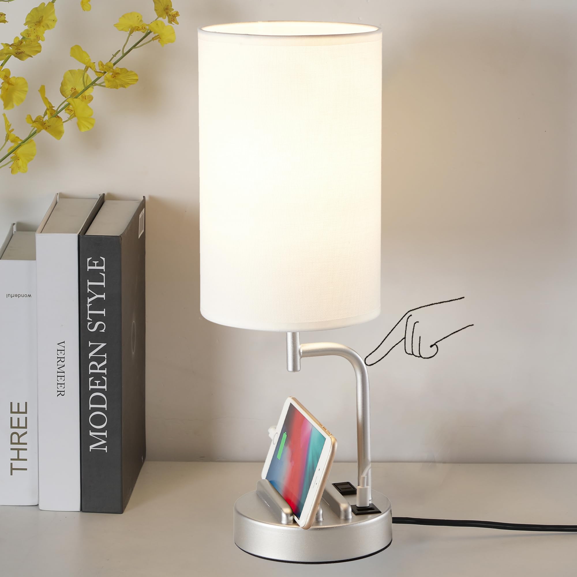 Dreamholder USB Table Lamp, 3-Way Dimmable, Charging Ports & AC Outlet, Silver