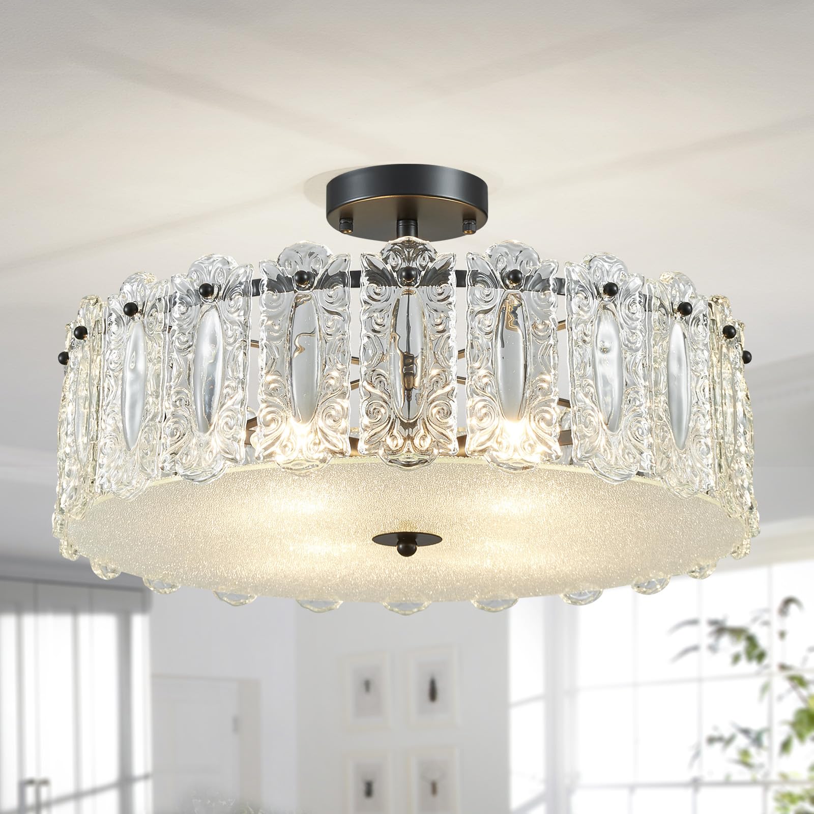 AGV LIGHTING CL056 Crystal Ceiling Light Fixture, Modern Chandelier, D20 x H10, E12 Base 4-Lights, Glass Shade & Matte Black Fin
