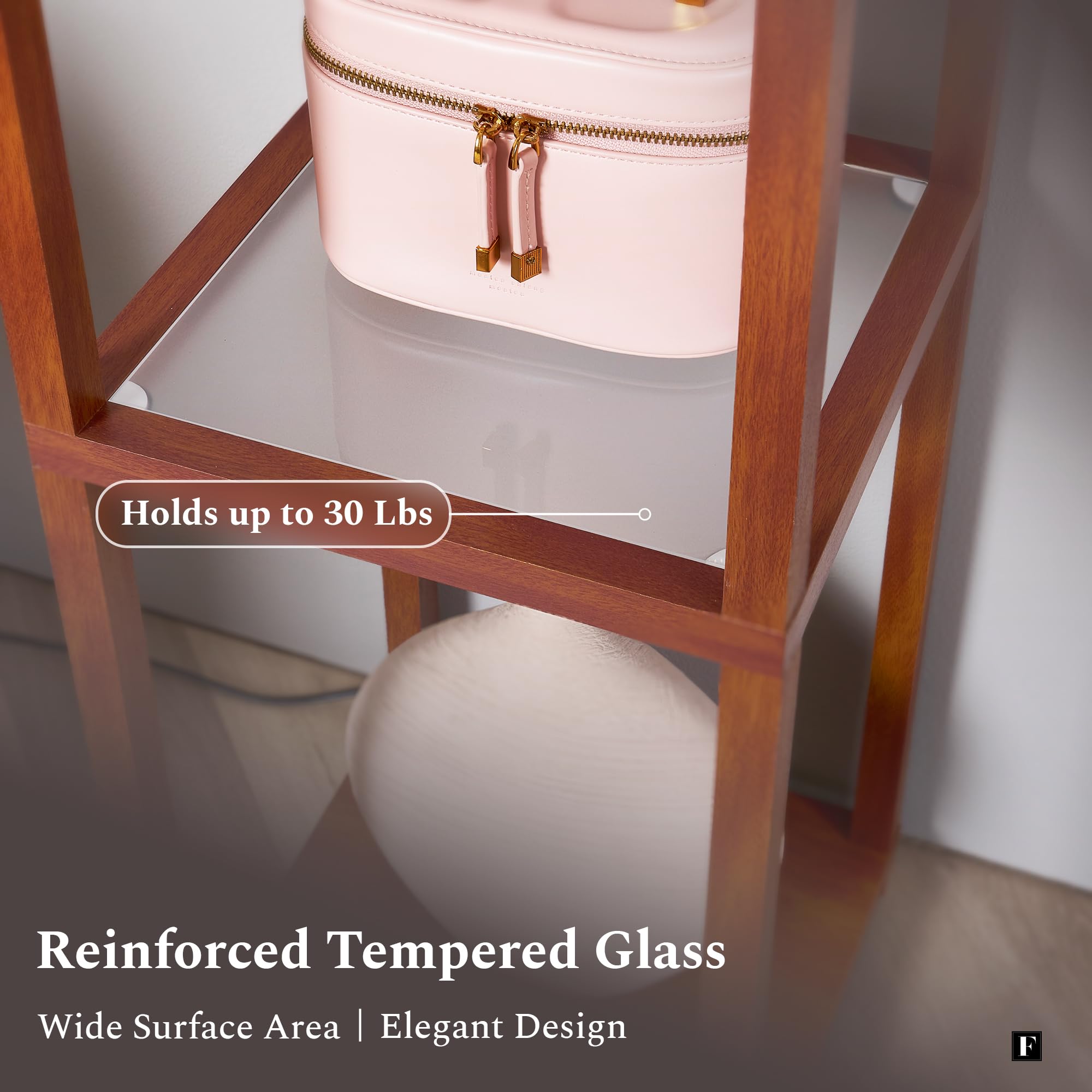 FENLO Floor Lamp with Shelves, Modern Minimalist Design, Tempered Glass Tiers, Walnut Color, Model FEN-111-FL-WA