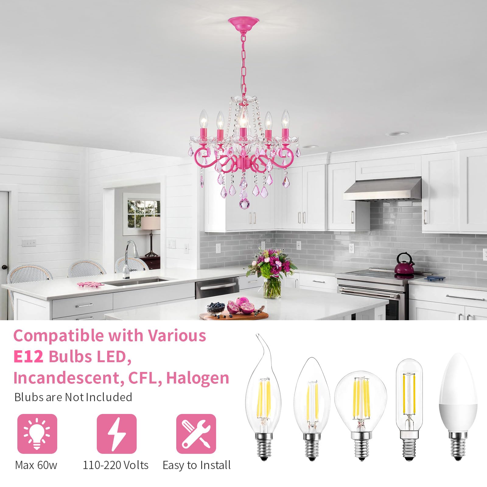 ANJIADENGSHI Small Crystal Chandelier, 16.5in High, 17in Wide, Pink, Crystal, Model CL-0011PK, Modern Pendant Light for Dining Room,