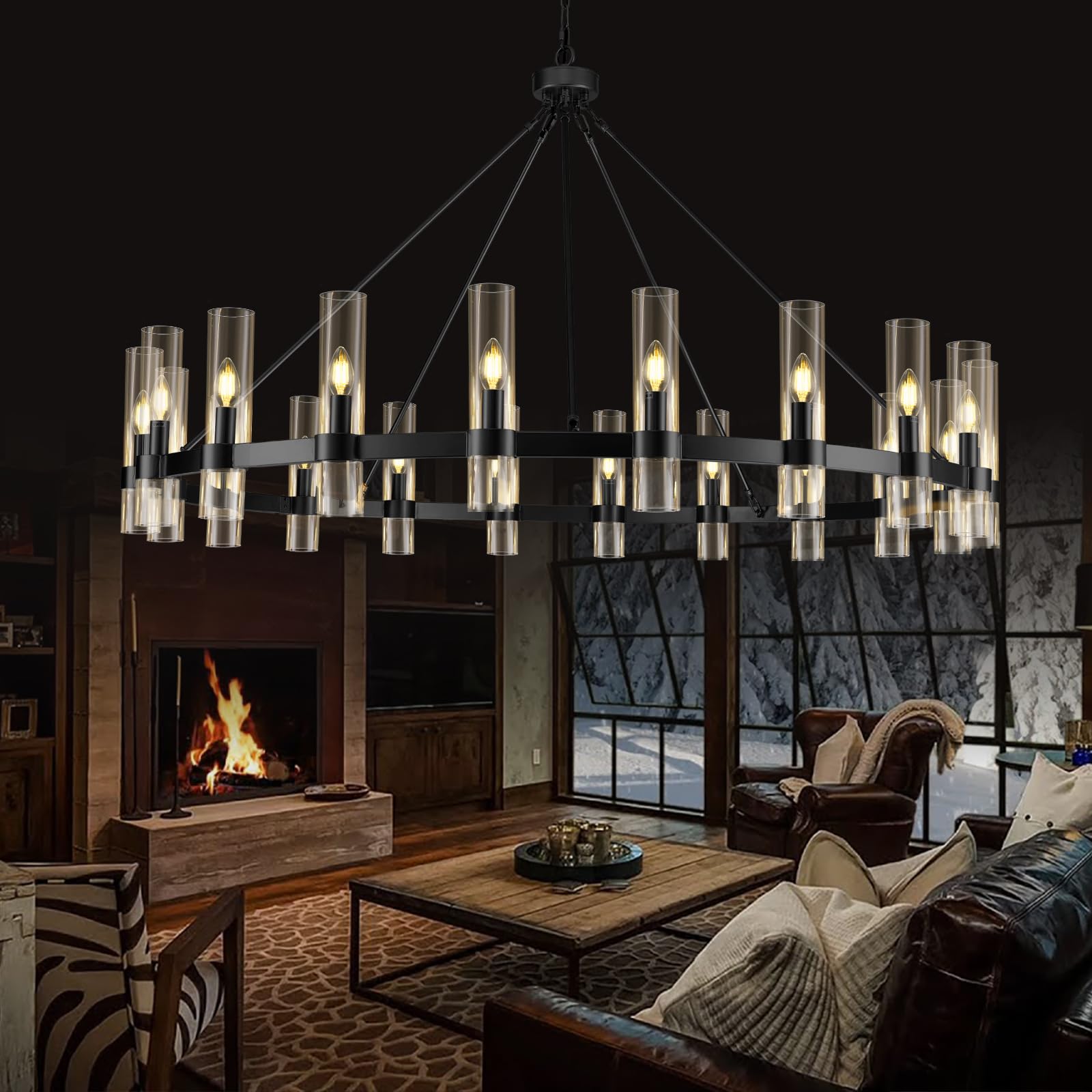 Black Wagon Wheel Chandelier, 60 Inch Chandeliers with Glass Shade, 20-Light Large Chandelier for High Ceiling, Modern Farmhouse