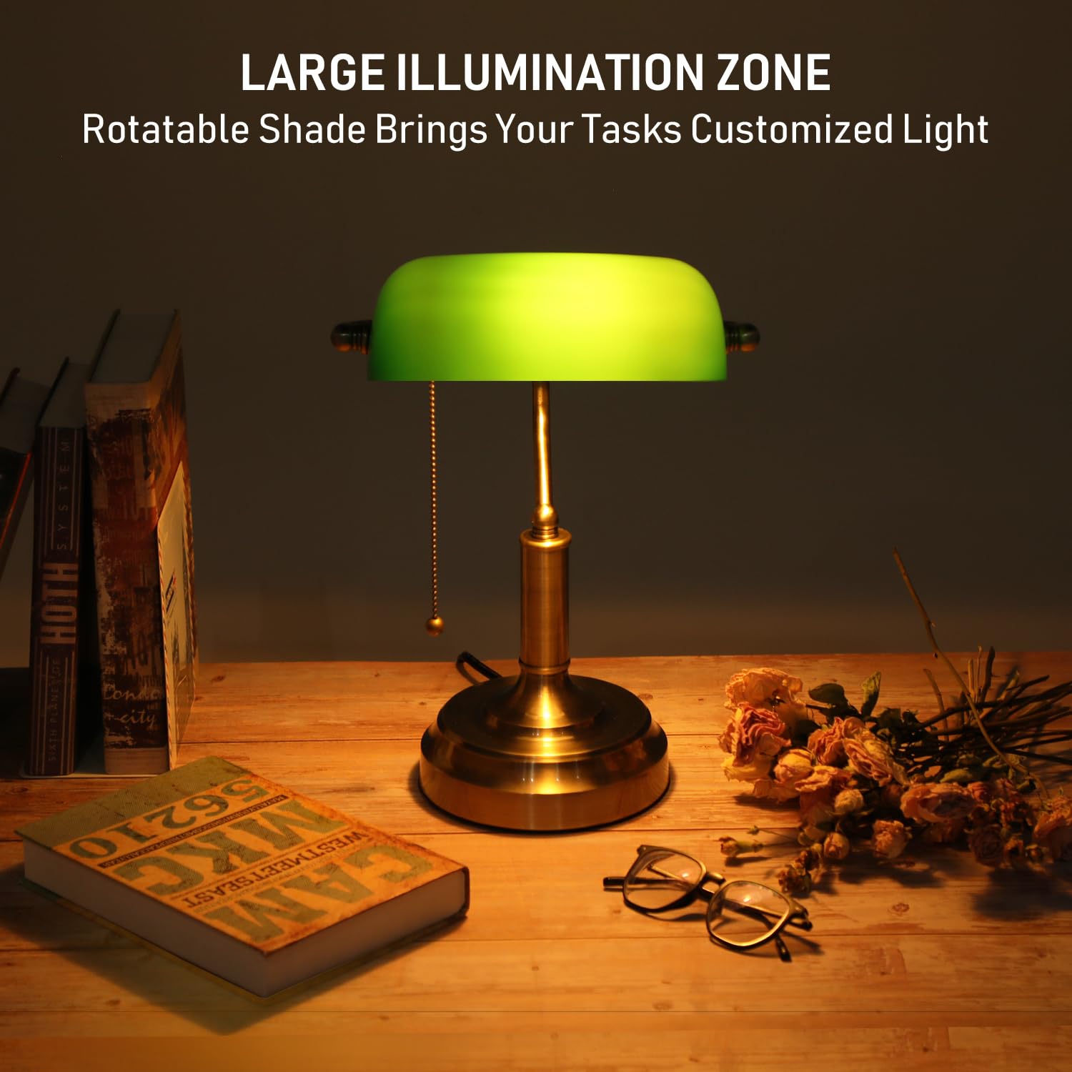 TORCHSTAR Green Glass Bankers Desk Lamp, Antique Brass Base, UL Listed, E26, 6 ft, Vintage Design for Office & Study Room