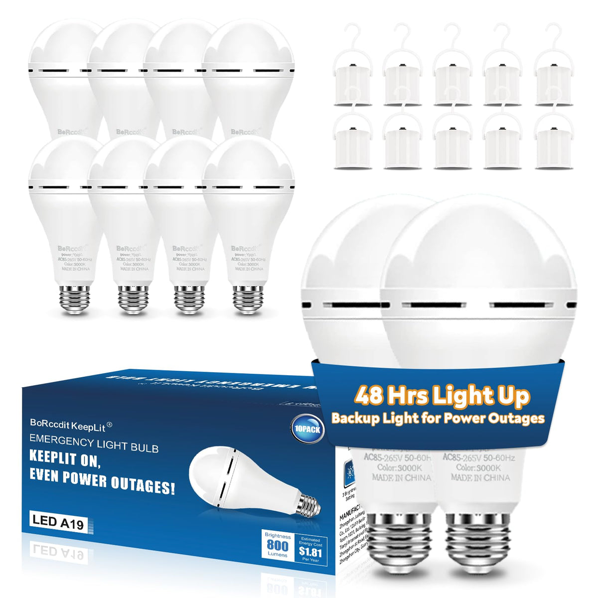Borccdit Keeplit 10 Pack Emergency Rechargeable Light Bulbs, 48H Long Lasting & 3 Brightness Power Outage Light Bulbs,12W 5000K 