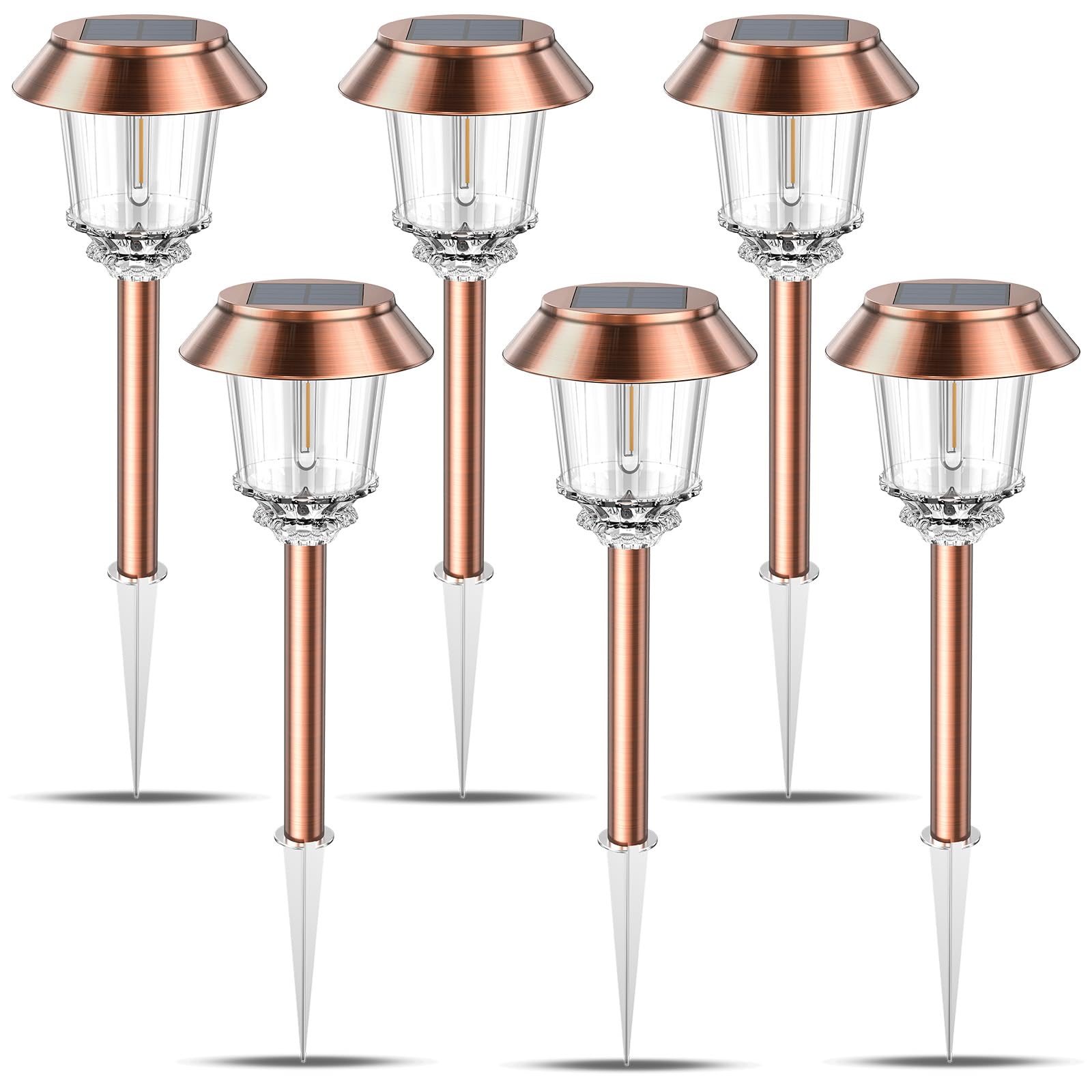 XMCOSY+ Solar Pathway Lights - 6 Pack Waterproof Dimmable 10-40 LM Warm White Aluminum Copper SL-1802-06