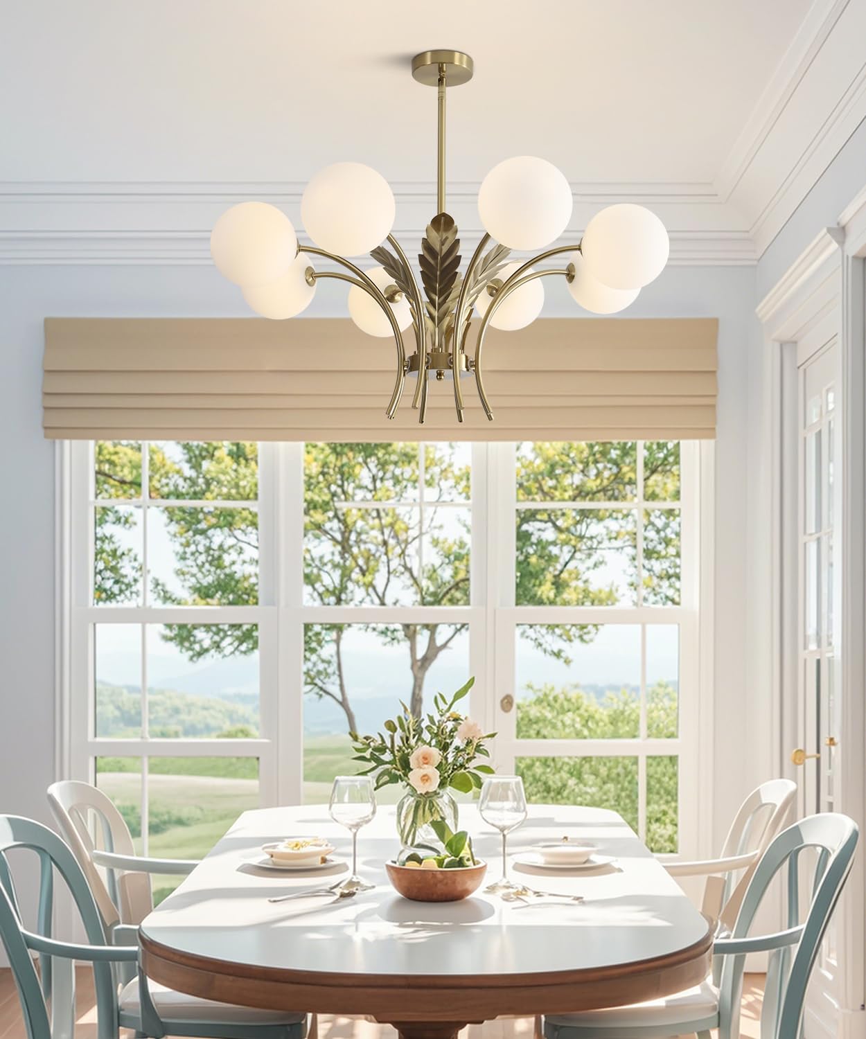 BOKT 8-Light Gold Semi Flush Mount Ceiling Light Fixture, Brass & Milk Glass, Model BP1128-W-8, Ideal for Kitchen, Bedroom, Living & Dining Room