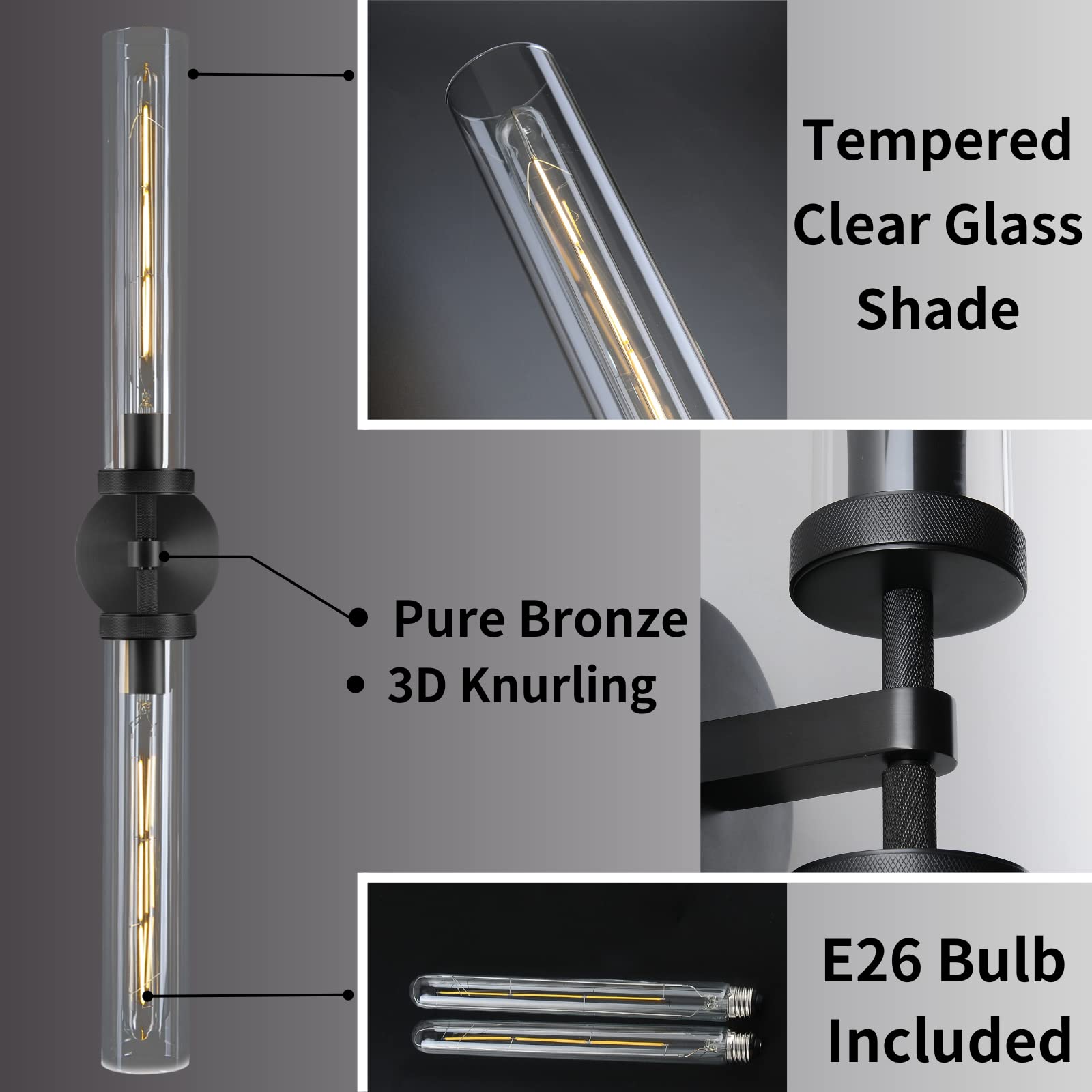 ZHTIECHUI Modern Wall Sconces, 30in Black Brass Double Glass Light Fixtures, 2-Light for Bathroom, Living Room, Kitchen
