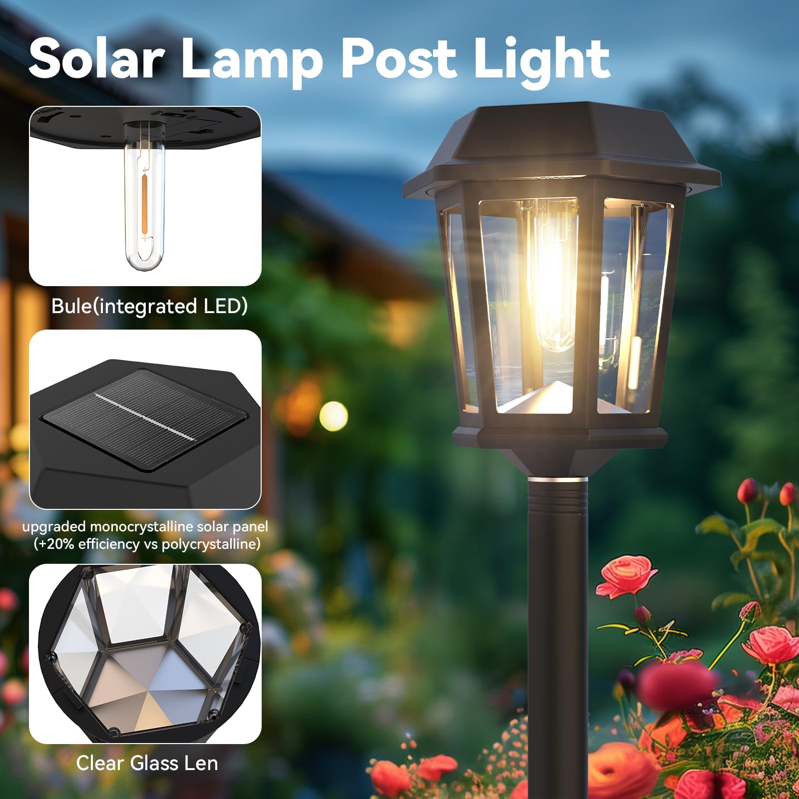 DOESLAG Solar Lamp Post Light, 2 Pack, 61 Inch, Waterproof, Warm White, Stainless Steel, Model ZC-22A, Black