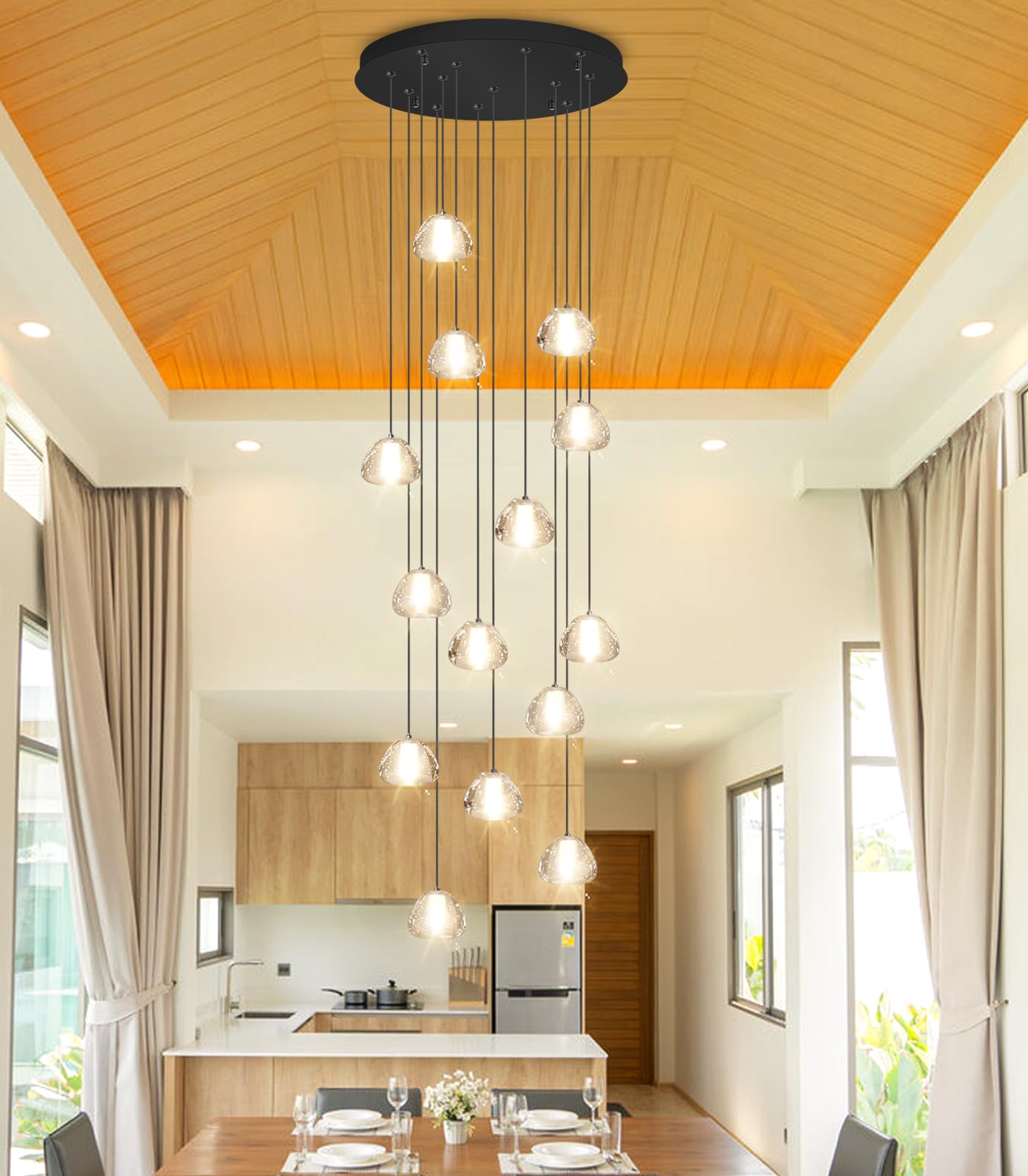 dolria Modern Crystal Chandelier - 14-Lights Round, Black LED Lighting Fixture for Staircase, Foyer, Living Room - Model PC0010-14B