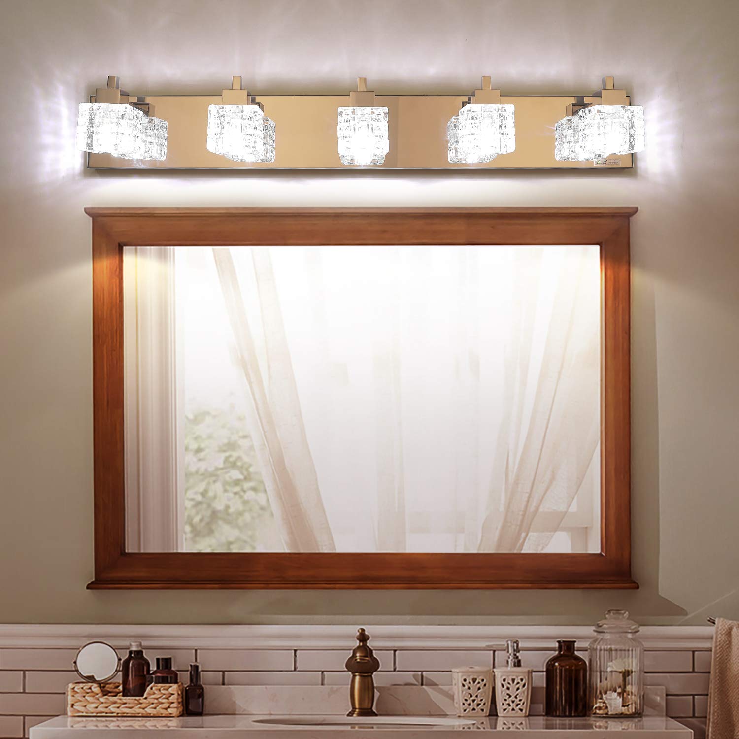 TRLIFE Bathroom Light Fixture, Modern 5-Lights Vanity Light, 32in Crystal Glass, Silver, Model Crystal-TS-5T