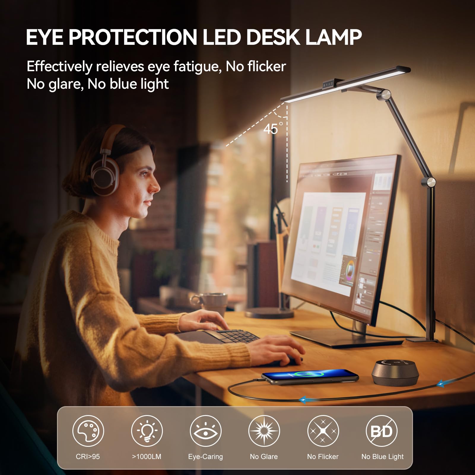 Led Desk Lamps With Clamp For Home Office,Remote Control Eye-Caring Table Lamp With Clamp,24W 7 Dimming/5 Color Modes/Timer,Adju