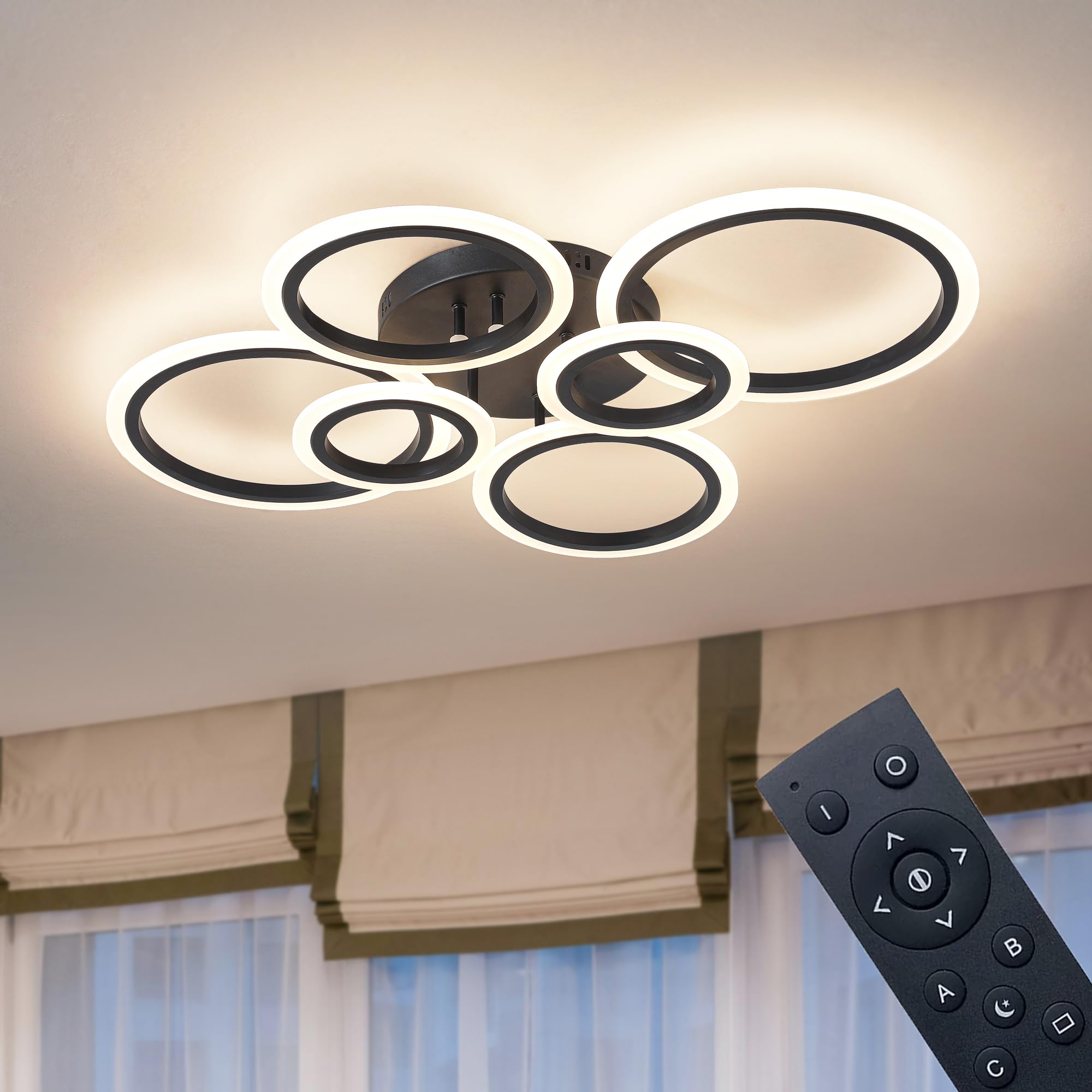 Shine LUEST 6 Rings Black Modern LED Ceiling Light Fixture, Flush Mount Ceiling Light with Remote Dimmable Brightness, Adjustabl