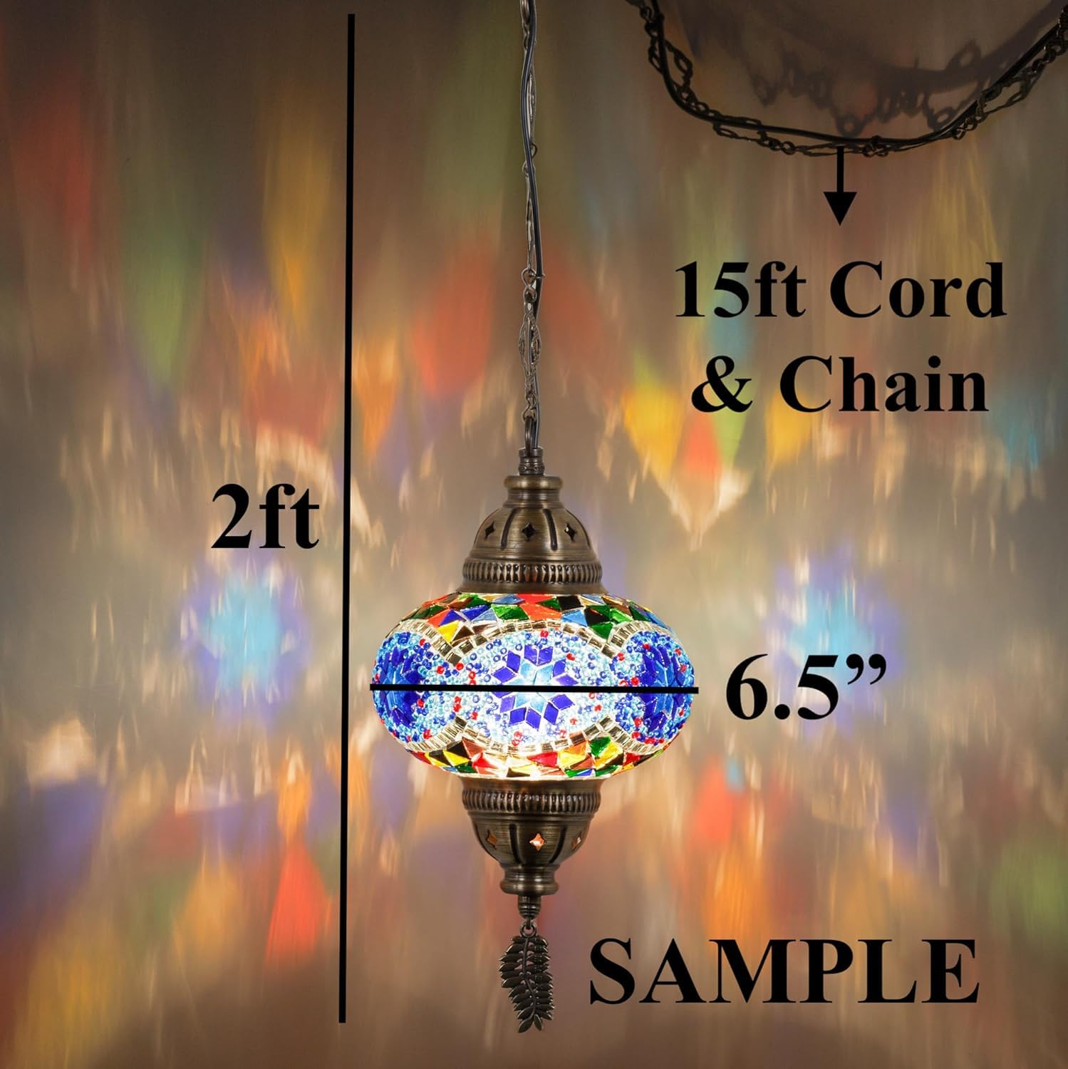 DEMMEX Plug in Pendant Light - Turkish Moroccan Mosaic Lamp, Glass Shade, 6.5in, Blue Space, 15ft Metal Chains