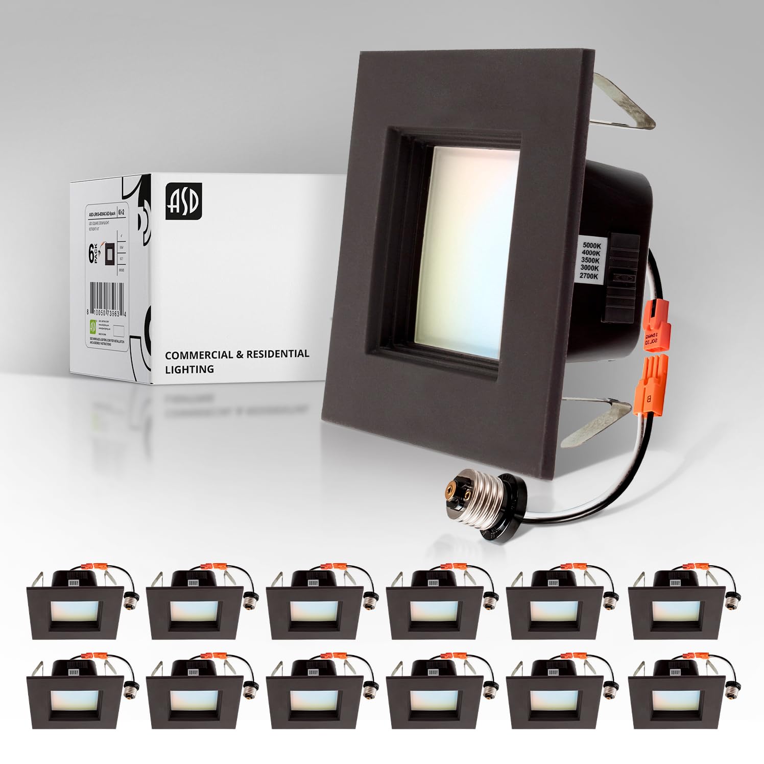 ASD Bronze 4 Inch LED Recessed Light Retrofit Kit Square 5CCT 2700K 3000K 3500K 4000K 5000K Color Adjustable 9W 709LM Dimmable C