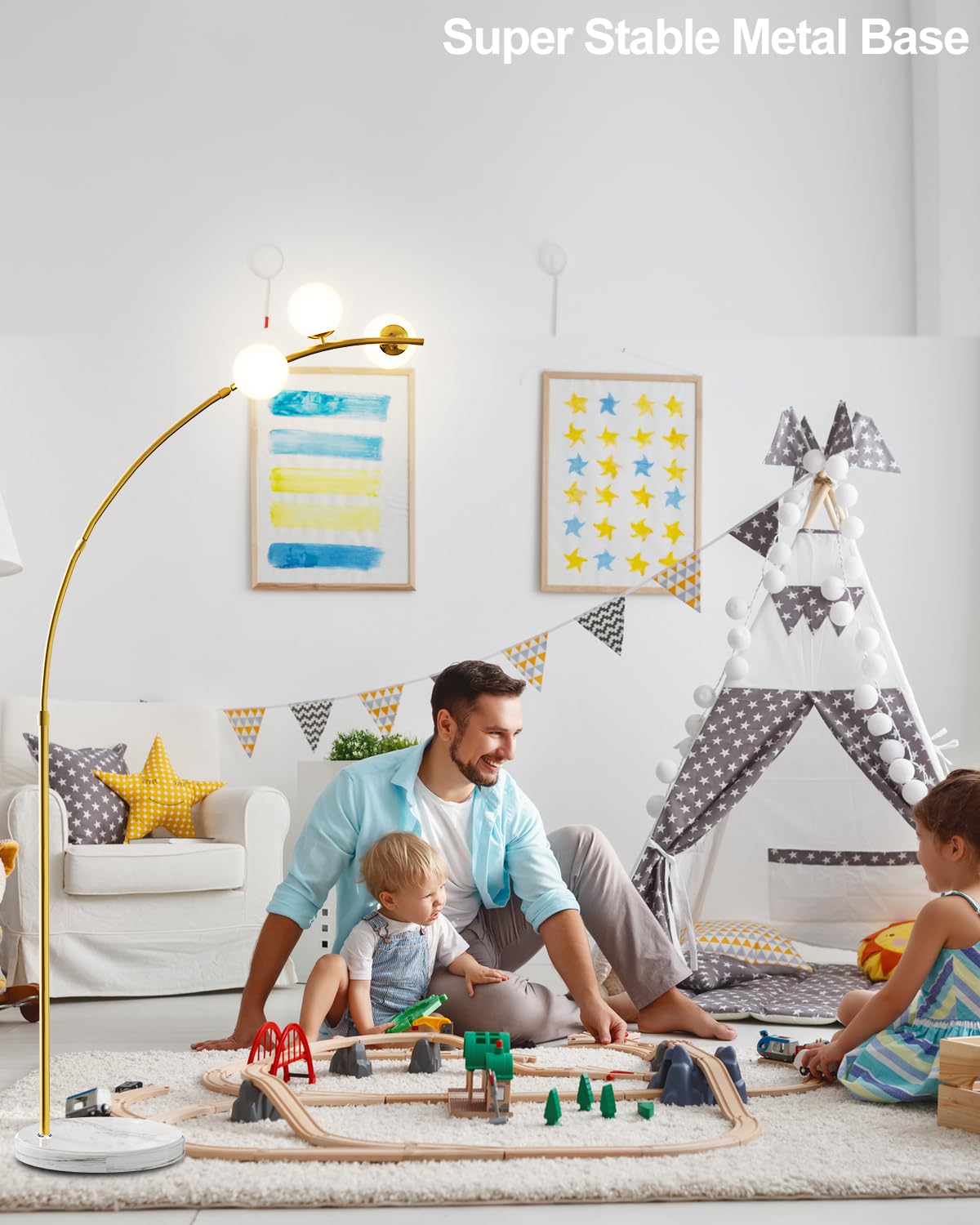 Lightdot Modern Floor Lamp - 3 Globe Gold Arc, Metal, Mid Century Design, LFLL-81, Shatterproof Shade & Bulbs Included