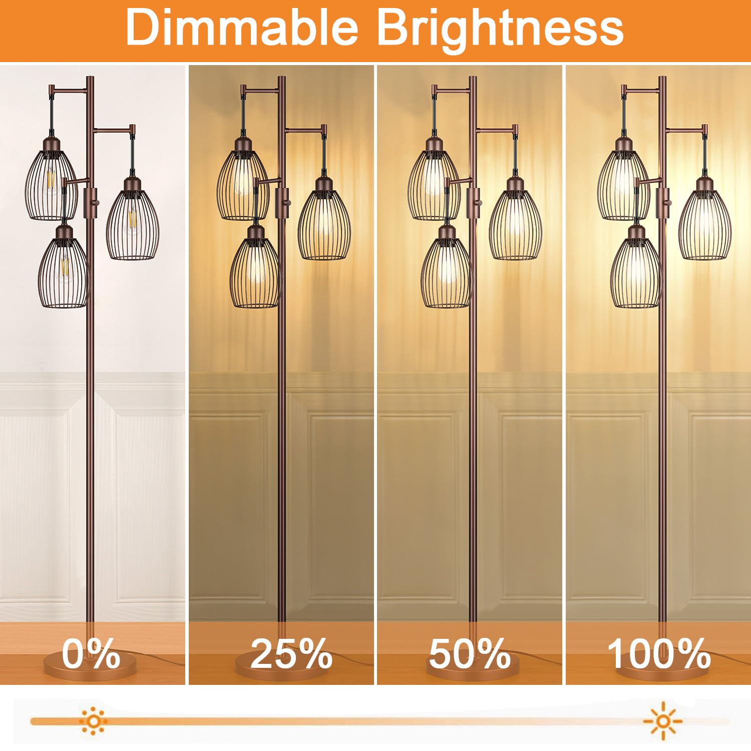 Dimmable Farmhouse Industrial Floor Lamp, Matte Brown Tree Standing Tall Lamps With 3 Elegant Teardrop Cage Head & 800 Lumens Le