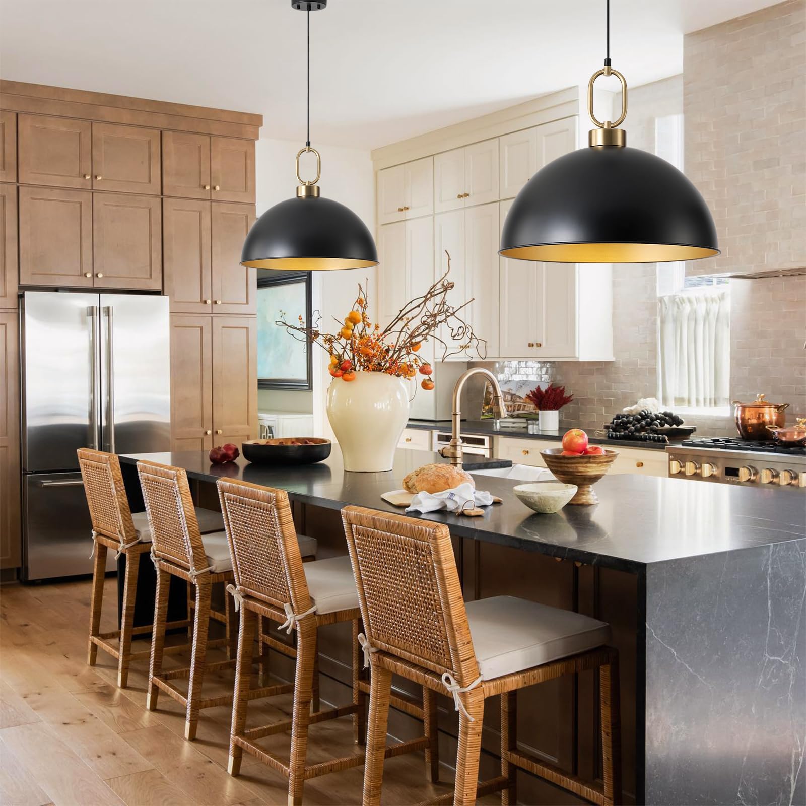 Farmhouse Pendant Light Fixture 1 Pack, Space Saving Industrial 18.1 Inch Hanging Light, Matte Black With Gold Handle, Adjustabl